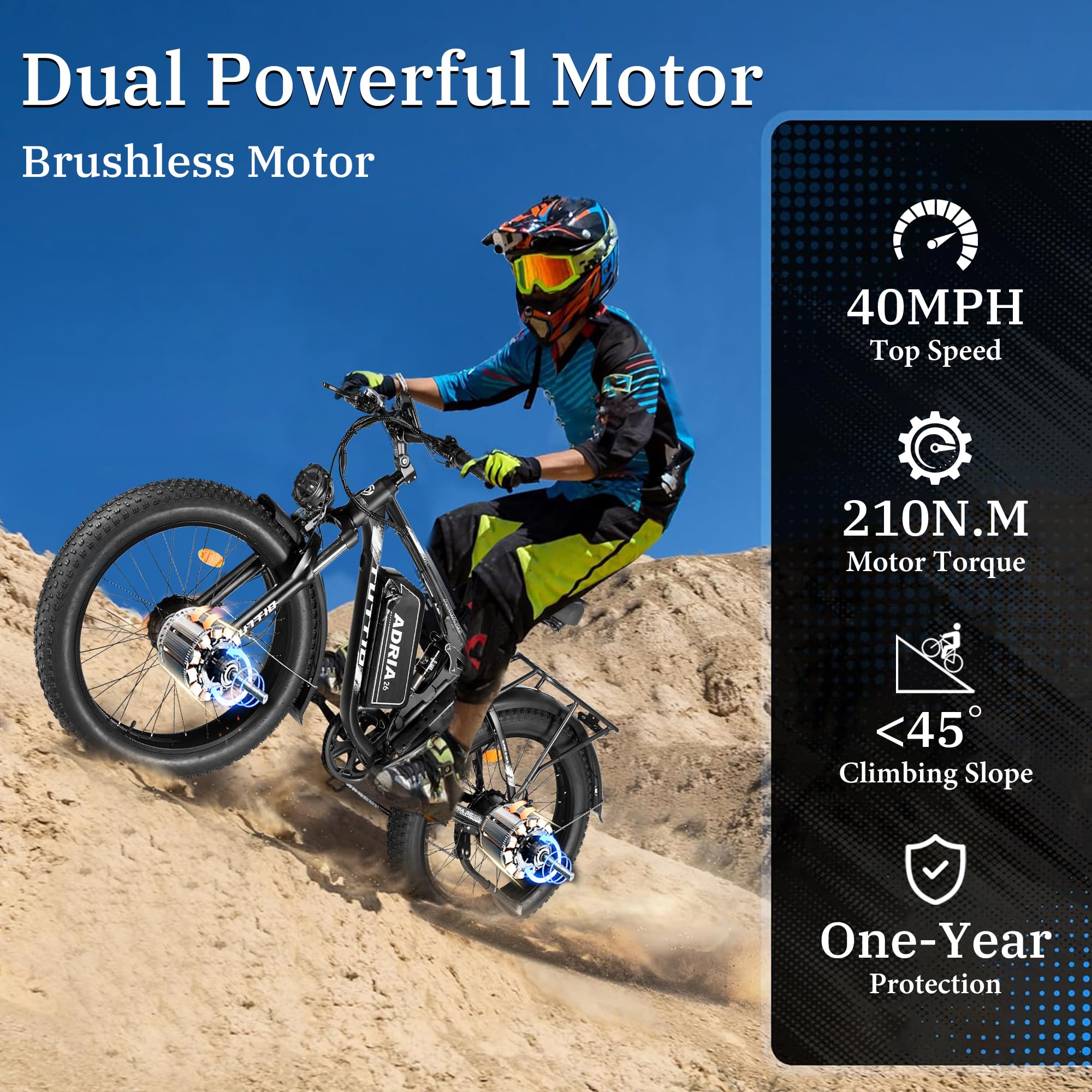 koonkex Dual-Motor Electric-Bike 52V-40MPH-30AH for Adults-Men, 26 * 4