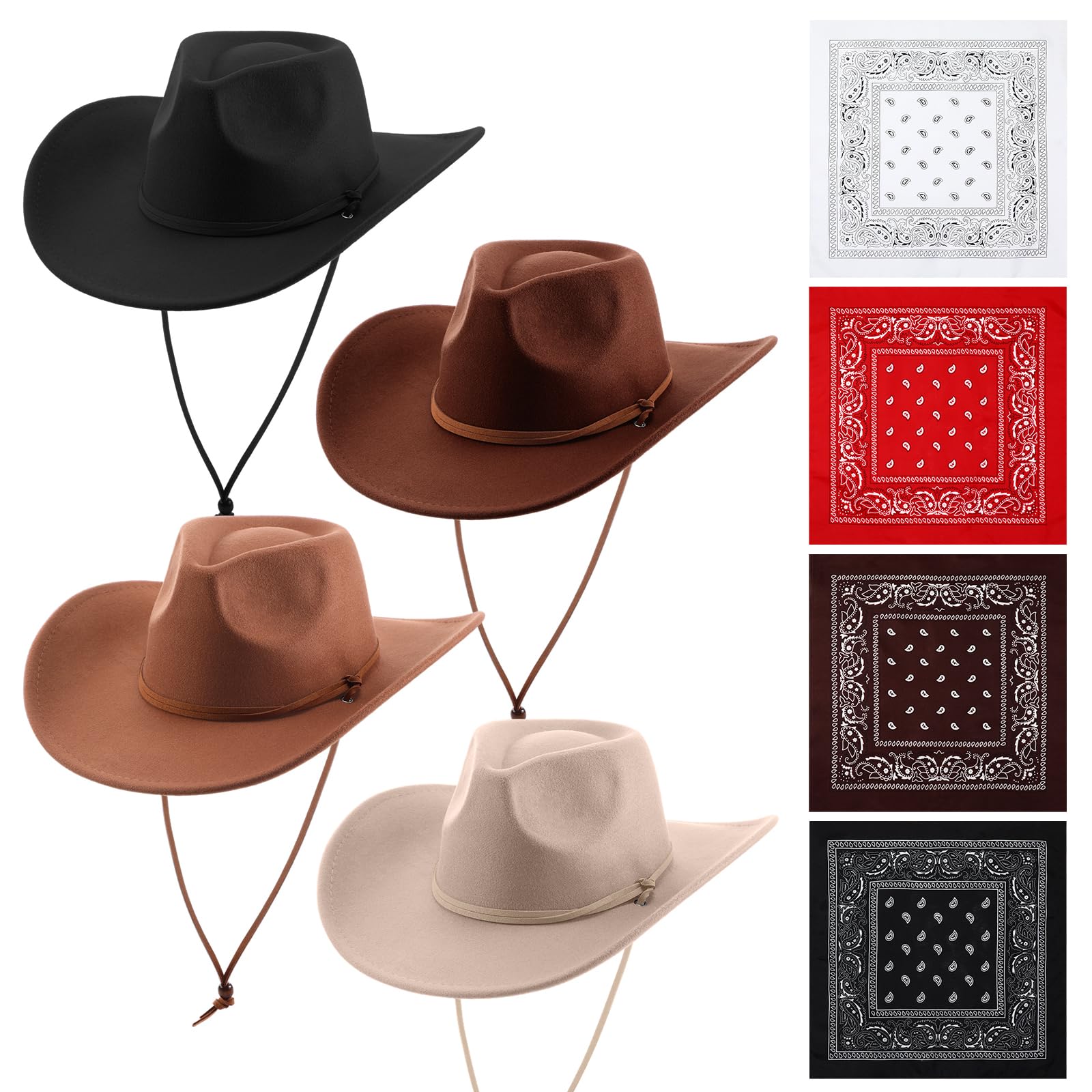 Velmitten 4 Sets Cowboy Hats Bandanas Felt Western Wide Brim Belt Buckle Panama Hats Bandanas Set for Women Men Burning Rodeo