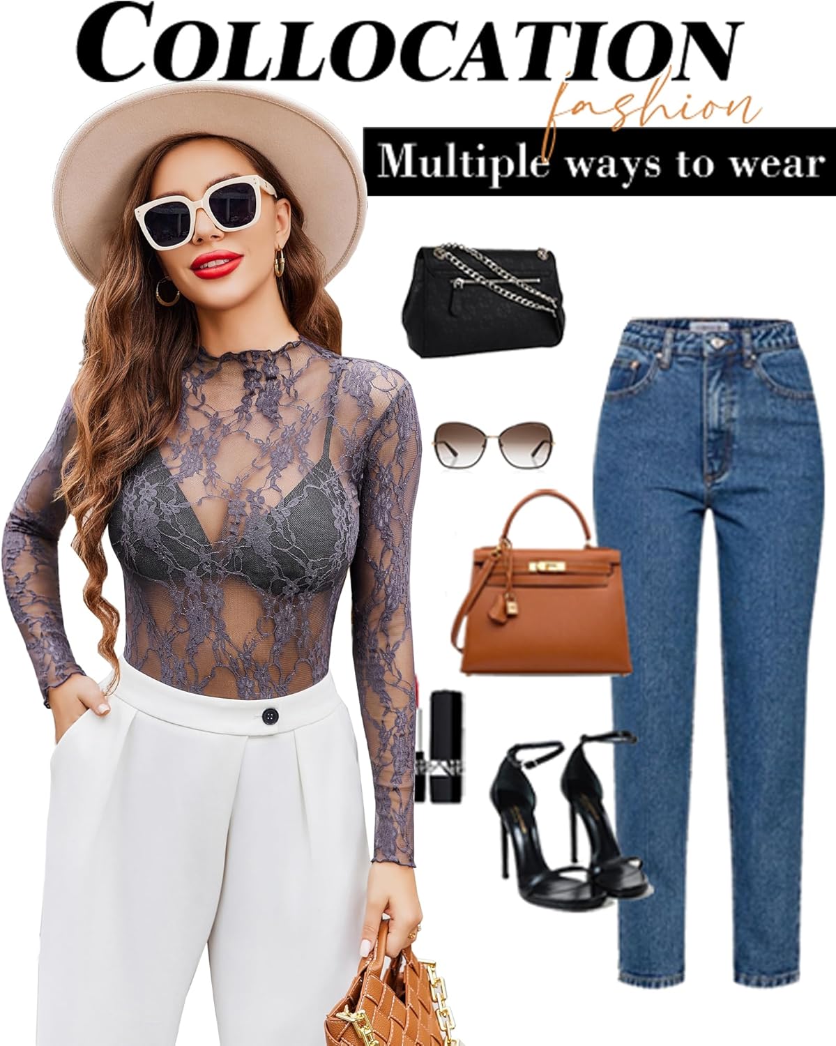 Avidlove Women's Mesh Top Long Sleeve Mock Neck Sheer Blouse See Through Floral Lace Tops - Image 5