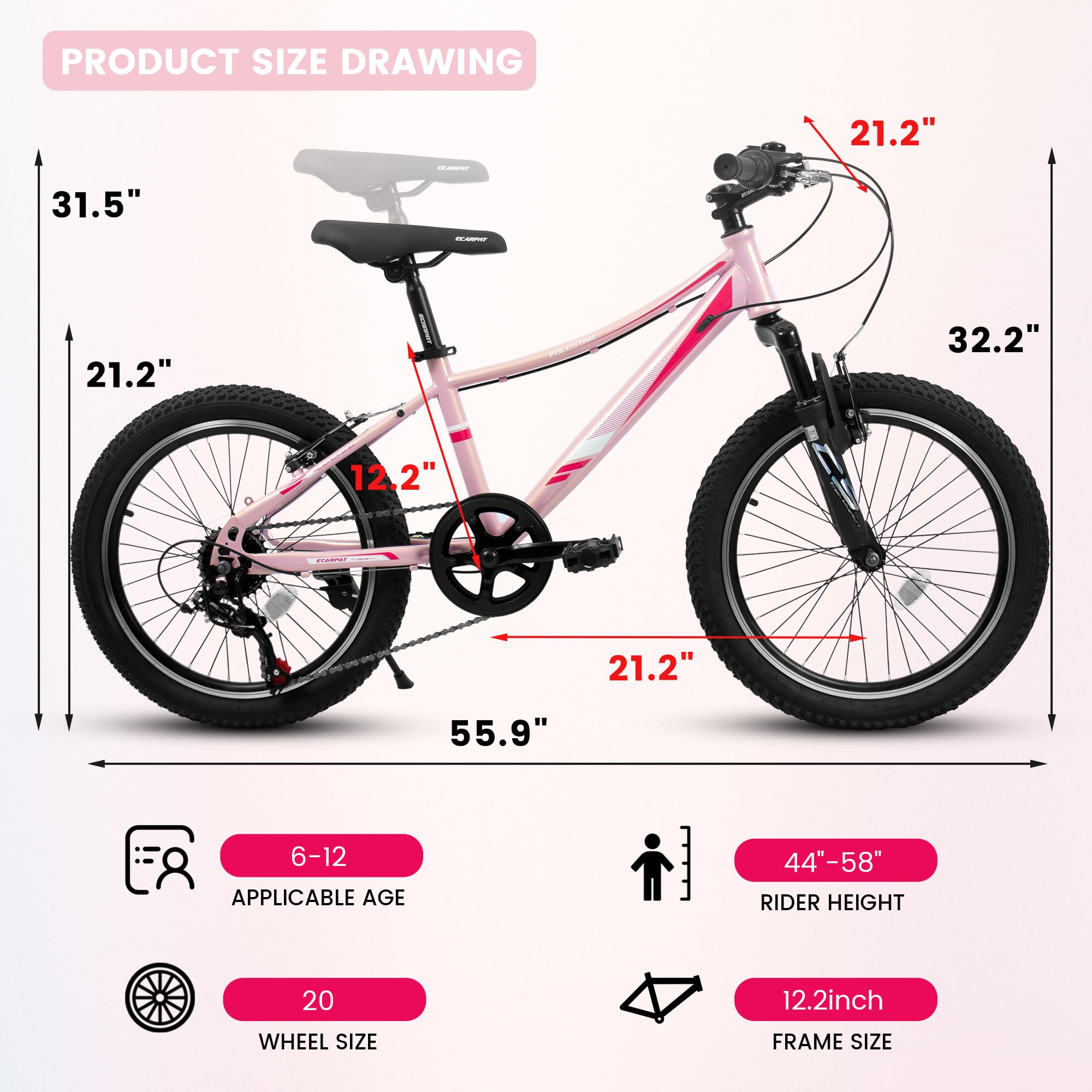 MCFANSHOU 20 Inch Kids Bike with Front Suspension & 7-Speed Gears,The Girls Mountain Bike for Ages 8-12 (Pink)