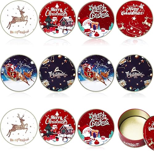Miniatura 1 de Ziliny 12 cajas de regalo de lata de Navidad, latas de galletas de Navidad, cajas de metal con tapas para recuerdos de fiesta, velas de bricolaje,