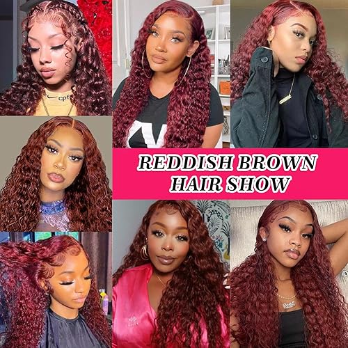 Miniatura 7 de Aveiyce Pelucas de encaje frontal transparente HD de 13 x 4 pulgadas, color castaño rojizo, con ondas profundas, para mujeres negras, densidad del