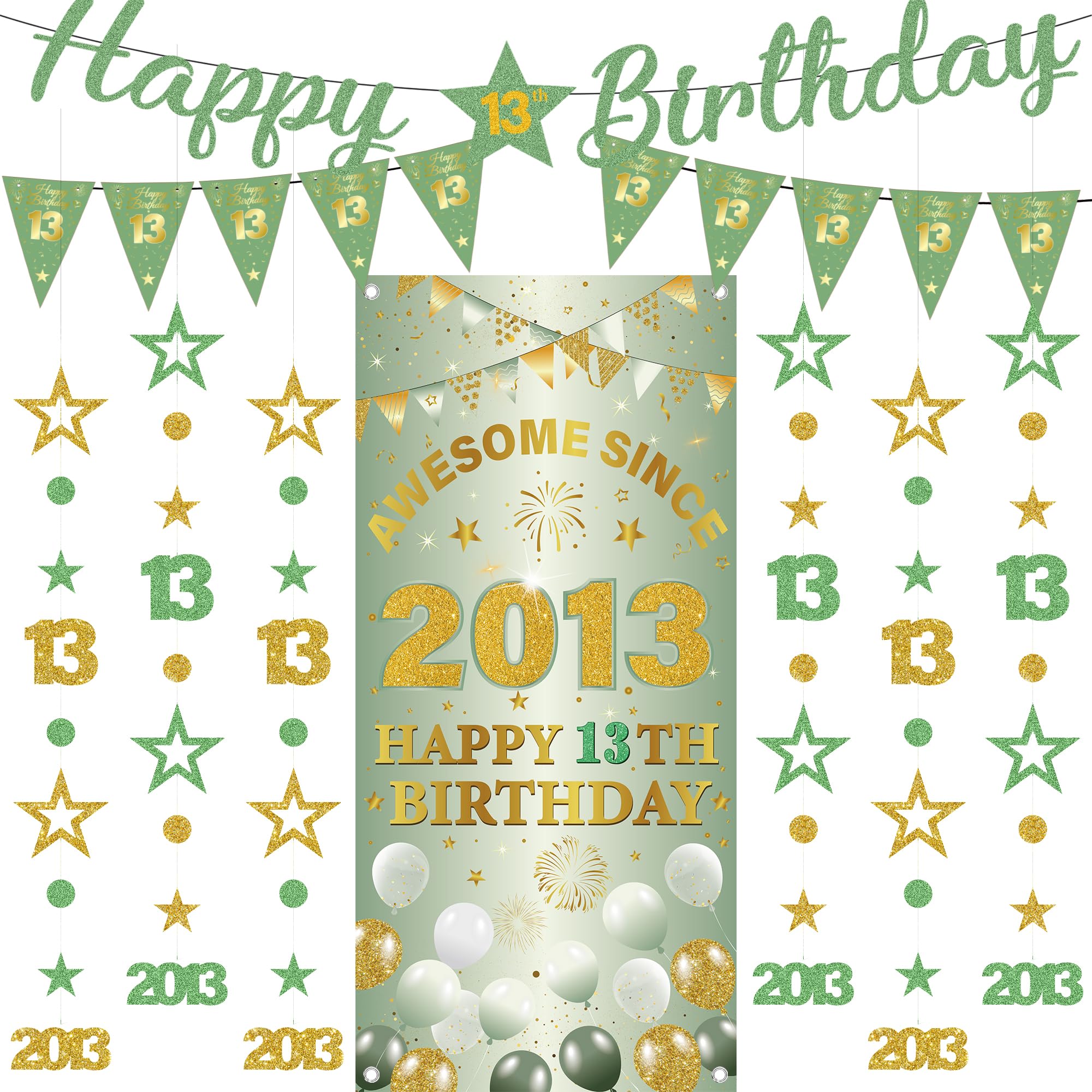 13th Birthday Decorations Girls Banners - 9 Pcs Green Gold Happy Birthday Banner Awesome Since 2013 Curtain Twinkle Star Dot Hanging Streamer Pennant for Girl 13 Years Old Party Wall Decor Supplies