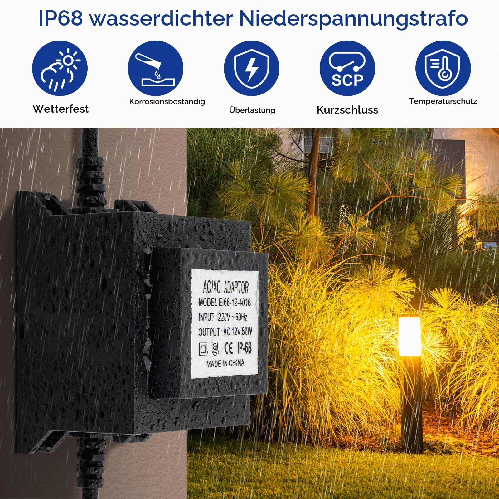 LED Trafo 12V Netzteil AC/AC 50W 4A, Außen Stecker Netzteil Transformator IP68 für LED-Beleuchtung und Teichpumpen