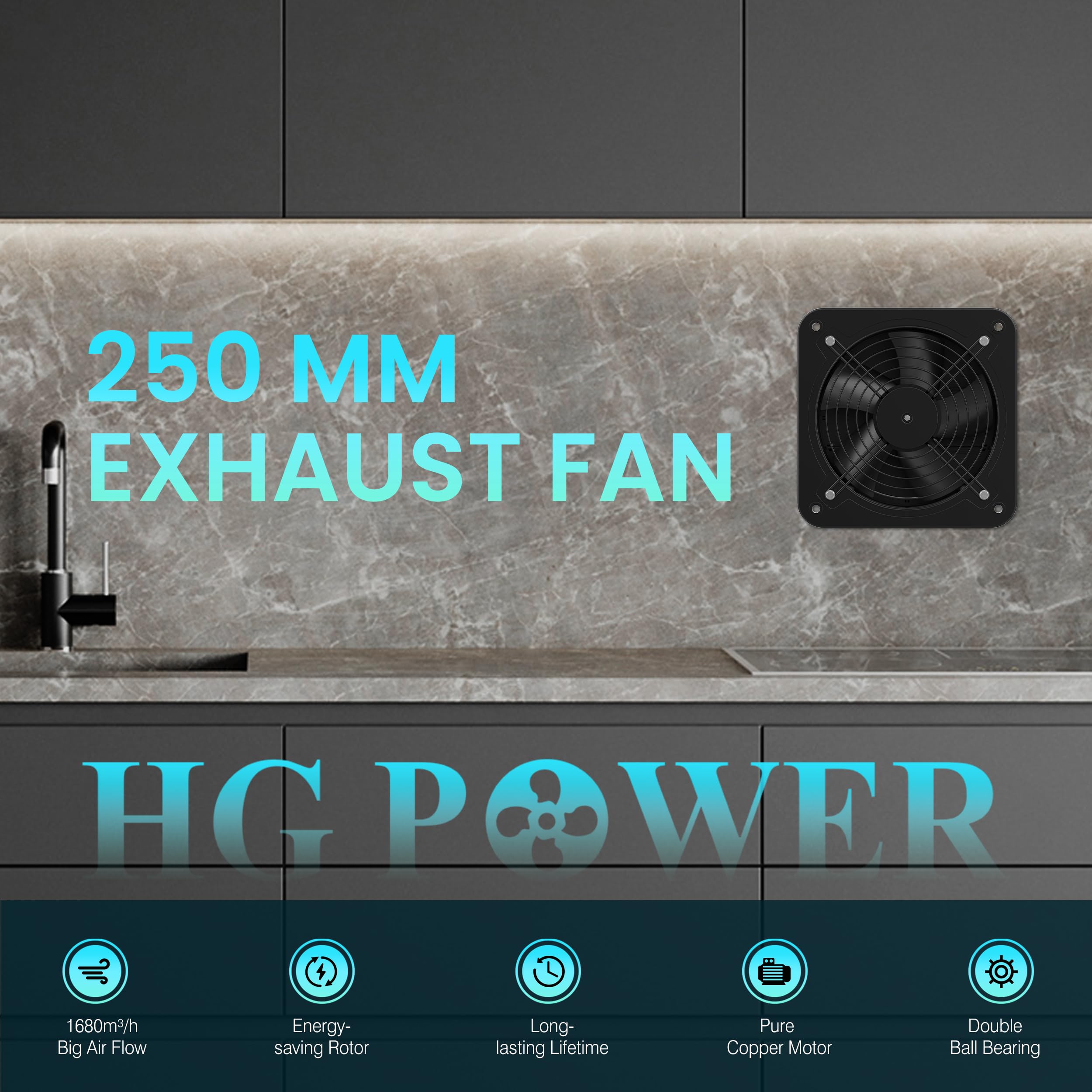 HG Power Wentylator wyciągowy 250 mm – 1680 m³/h, cichy, z klapą zwrotną, przełącznikiem, wtyczką, 74,5 W, przemysłowy wentylator ścienny do kuchni, łazienki, garażu, piwnicy, czarny
