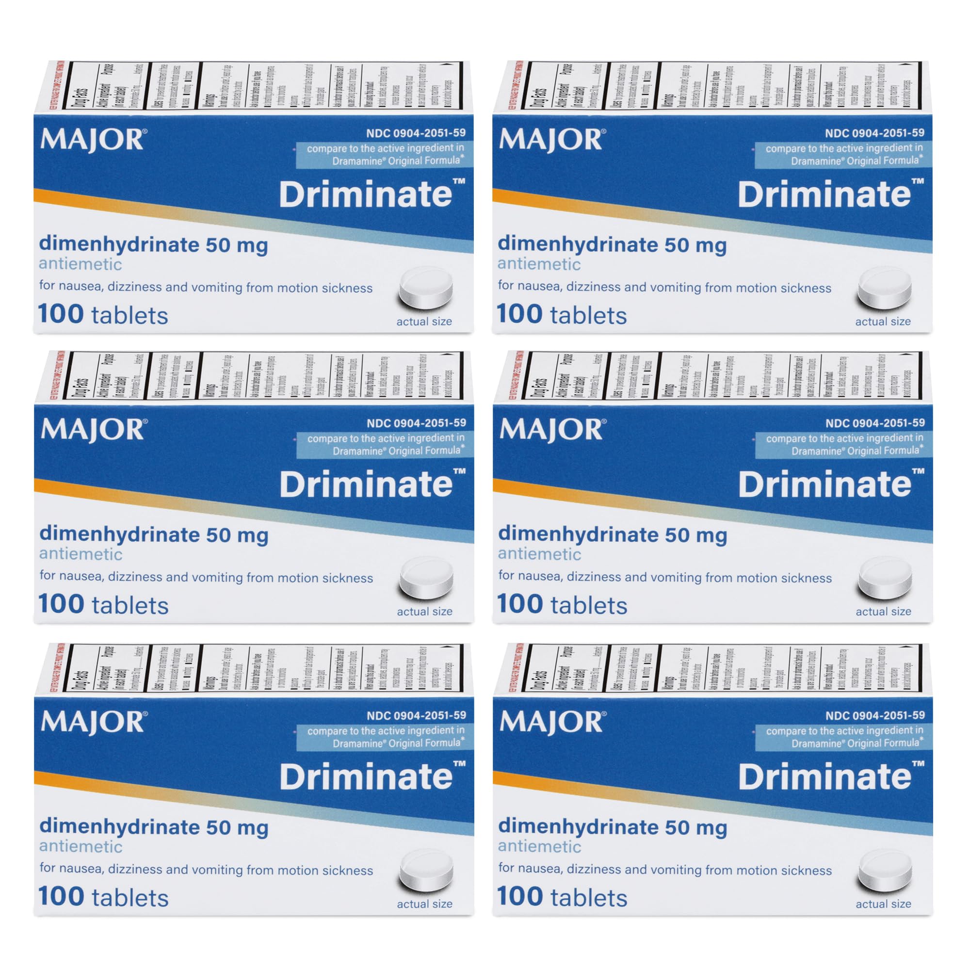 MAJOR Driminate - Dimenhydrinate 50mg Motion Sickness Tablets - Anti-Nausea Medicine - 100 Count (6 Pack)