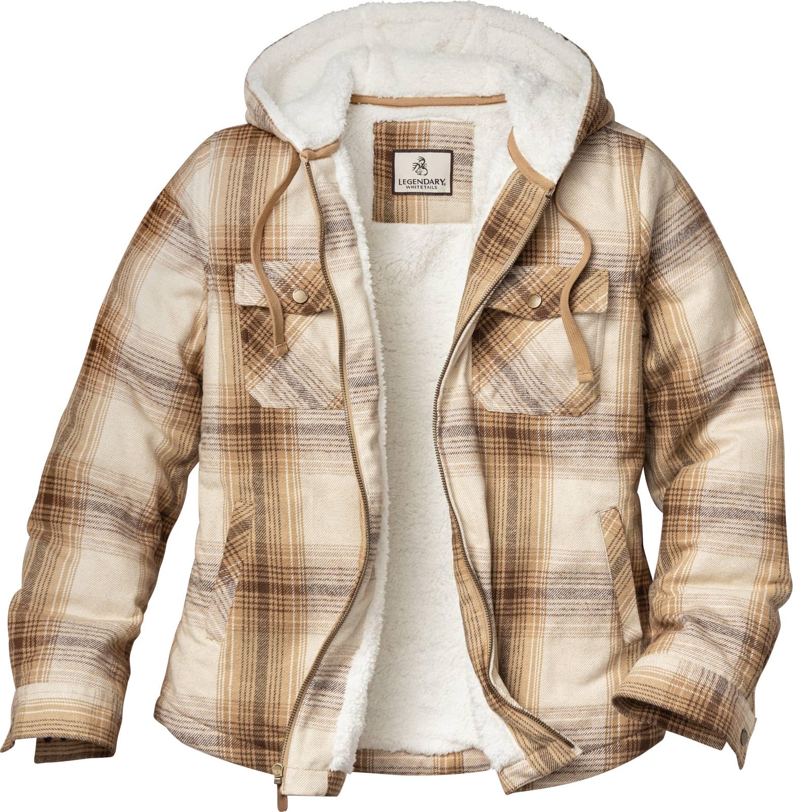 Legendary Whitetails Women's Vanilla Latte Plaid Woodland Berber Lined Hooded Shirt Jacket, L