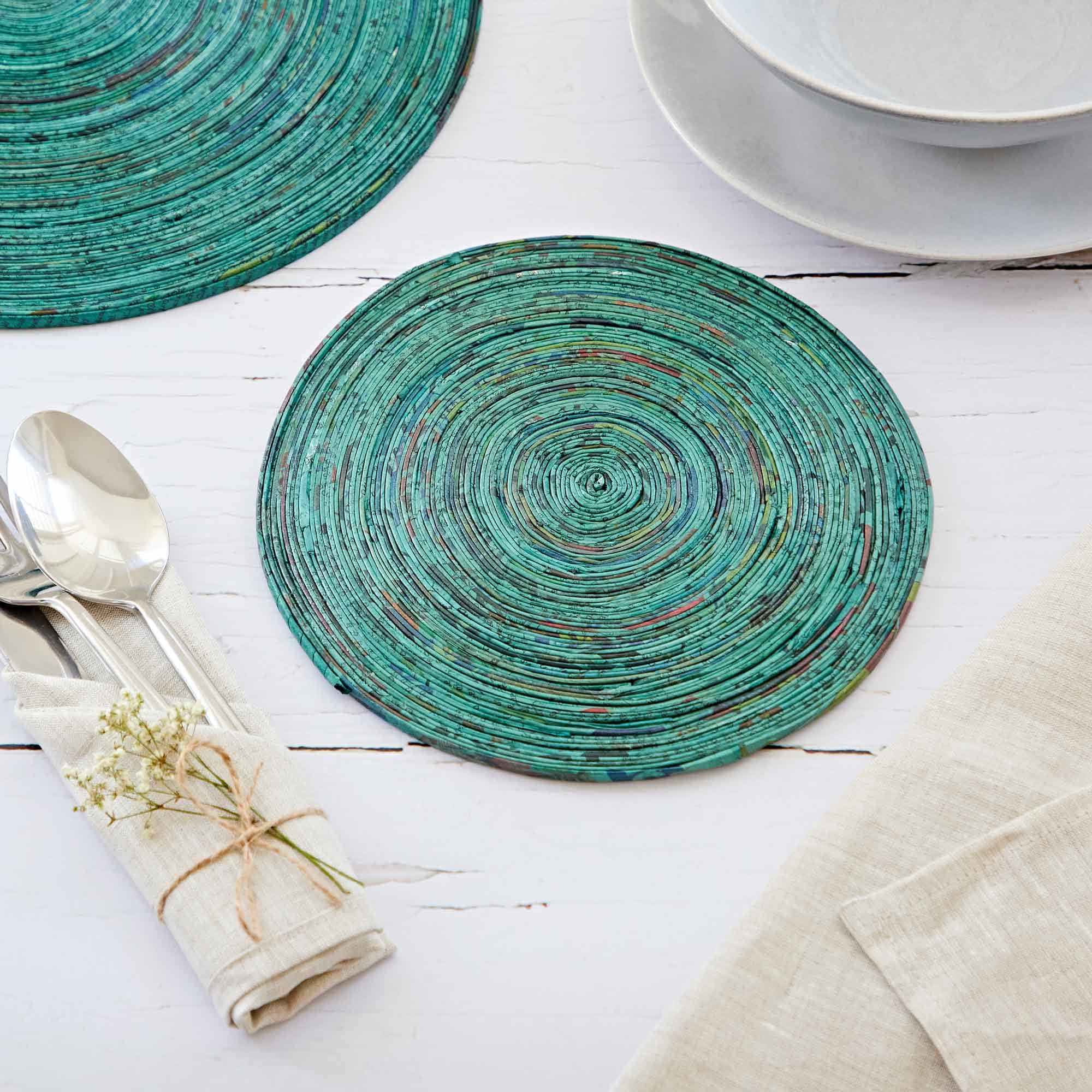 Recycled Newspaper Round Placemats - Teal | Small | Sustainable | Handmade Colourful | Fair Trade Gifts for Men and Women