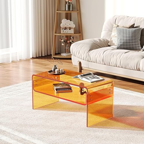 Miniatura 4 de Mesa auxiliar acrílica, mesa auxiliar rectangular de acrílico naranja, mesa de té moderna con almacenamiento abierto, mesa auxiliar de acrílico para