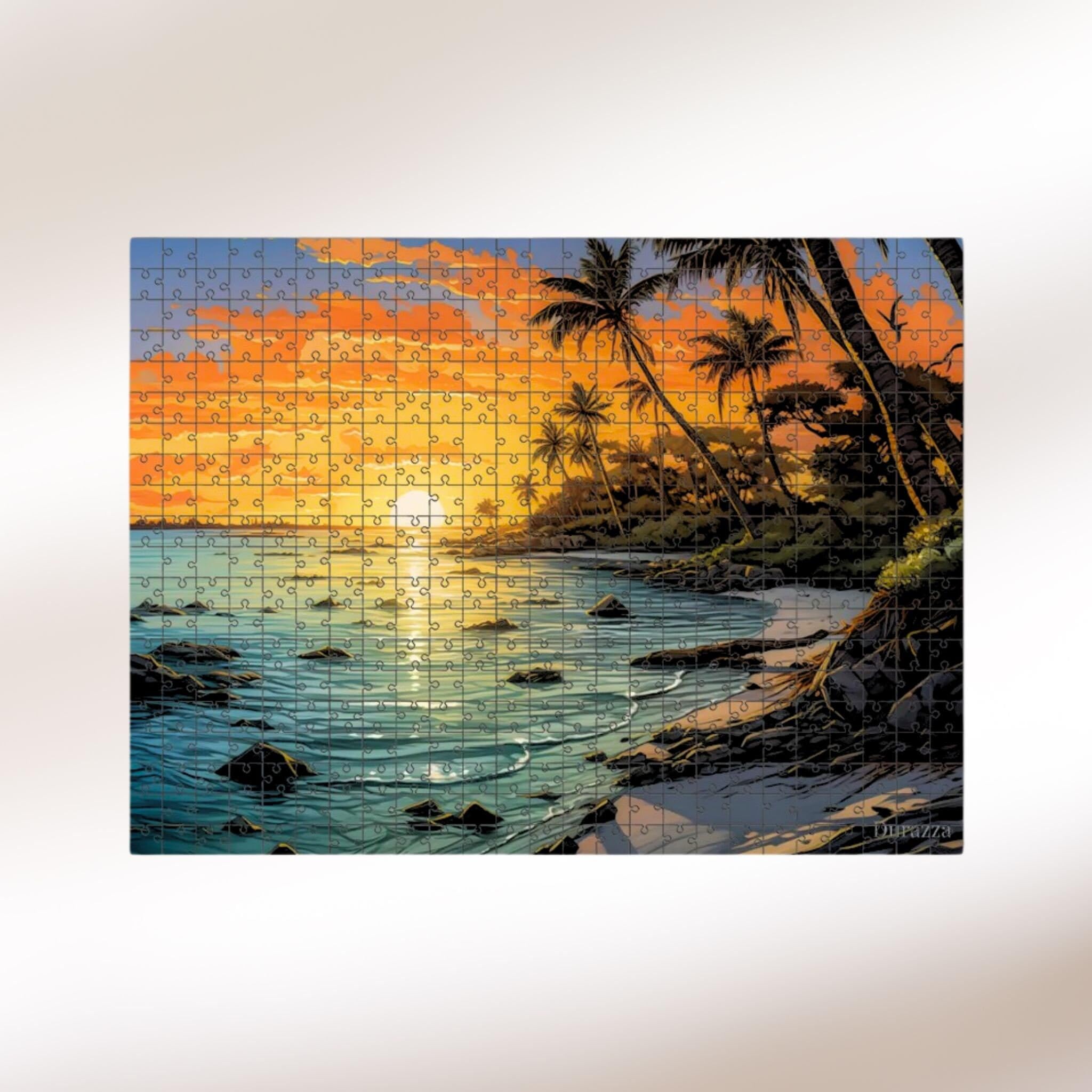 Calming Sunset Beach Jigsaw Puzzle: 1000 Pieces Wood Puzzle For Adults Coastal Landscape, Palm Trees And An Orange Sky, Beach Vibes โ image 1