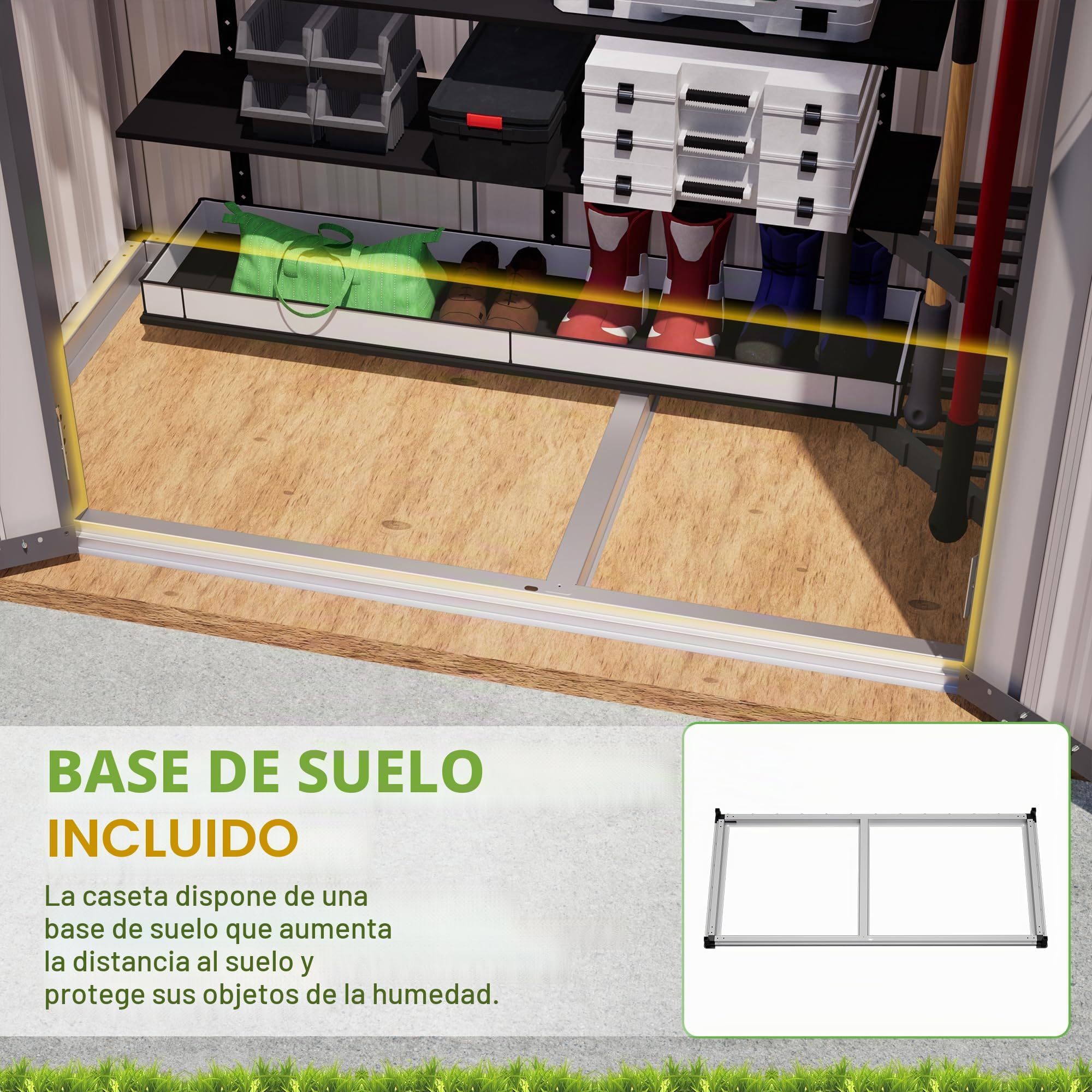 Armario de jardín de metal, 154 x 83 x 180 cm, con orificios de ventilación, incluye base de metal, puerta con cerradura, resistente a la intemperie, cobertizo para herramientas de jardín (gris)