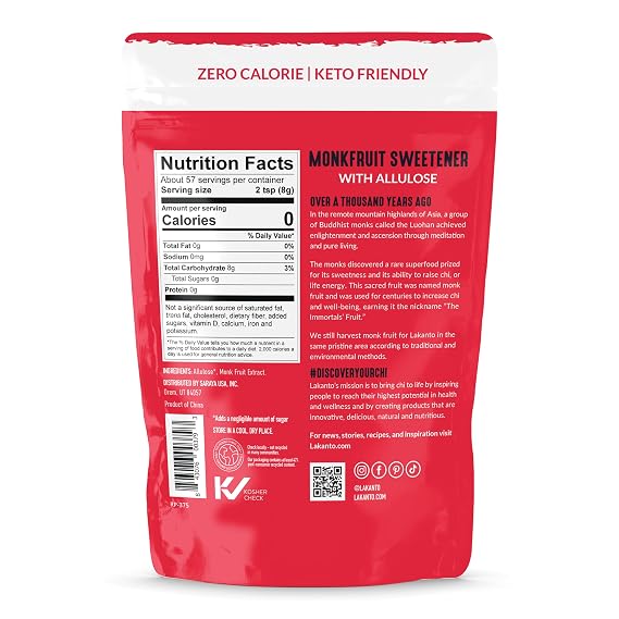 Lakanto Classic Monk Fruit Sweetener With Allulose, White Sugar Substitute From Monk Fruit Extract for Baking, Coffee & Tea, Gluten Free, Zero Calorie, Low Carb, Non GMO, Keto, Classic White, 8 OZ Bag