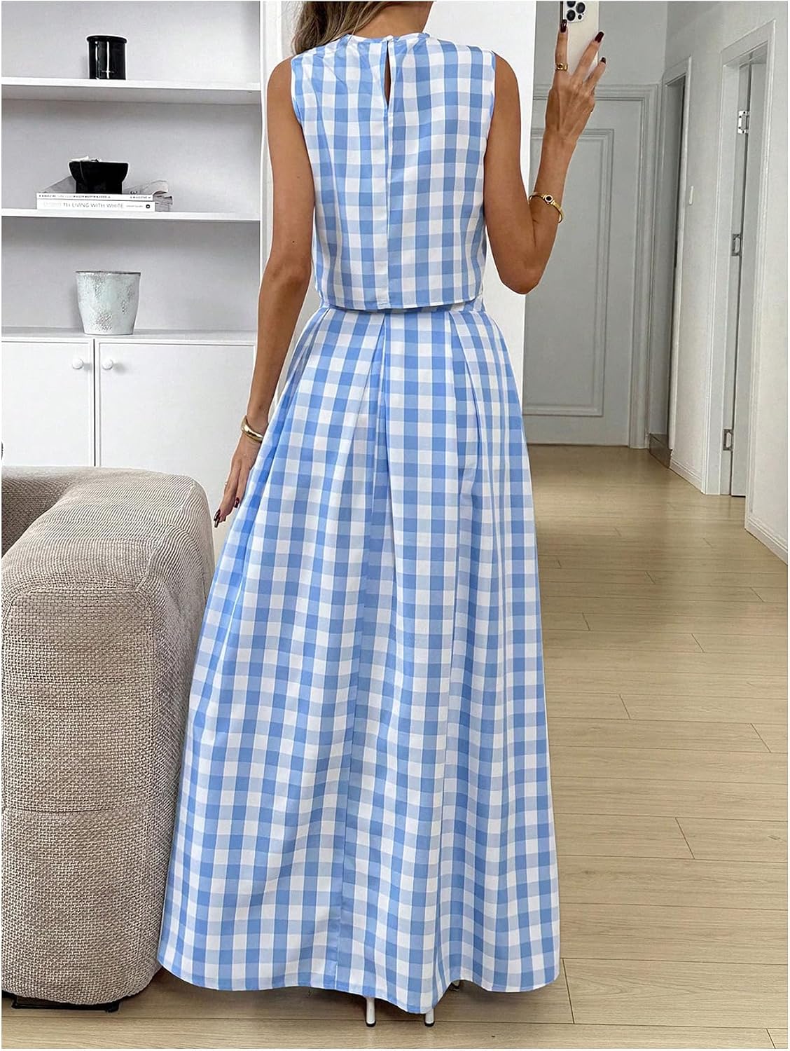 Verdusa Women's 2 Piece Matching Sets Plaid Crop Tank Tops with Maxi Skirt Summer Cruise Outfits