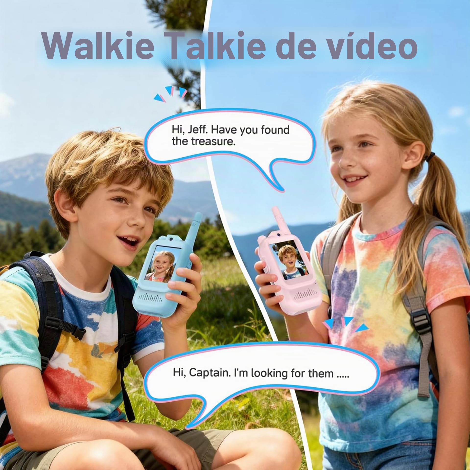 Walkie Talkie para Niños con Video, Paquete de 2 Juguetes de Regalo de Largo Alcance Recargables para Niños Pequeños Con Cámara HD y Cambiador de Voz Para Niños y Niñas de 3 a 8 Años(Pink + Blue)