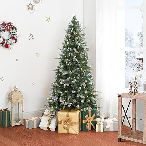 Miniatura 10 de Naomi Home Árbol de Navidad artificial de 7.5 pies preiluminado, realista, delgado, con flocado de nieve, escarchado, con 1102 puntas de ramas, 350