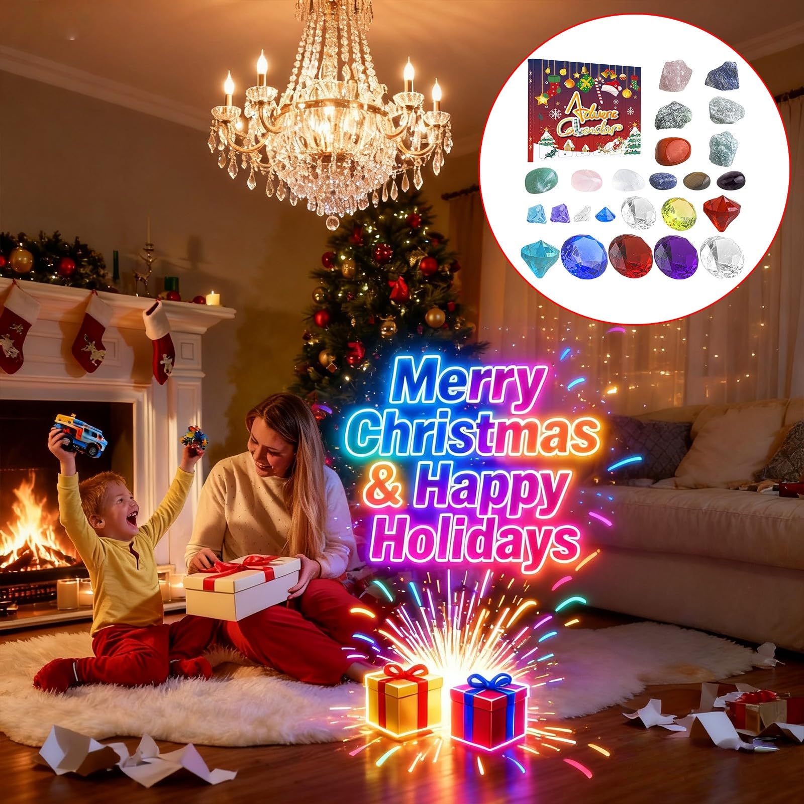 Giocattolo Conto Alla Rovescia Calendario dell'avvento con pietre preziose e conto alla rovescia con 24 sorprese per le feste dei bambini, adatto per Natale (Red, 27x27x3. 3cm)