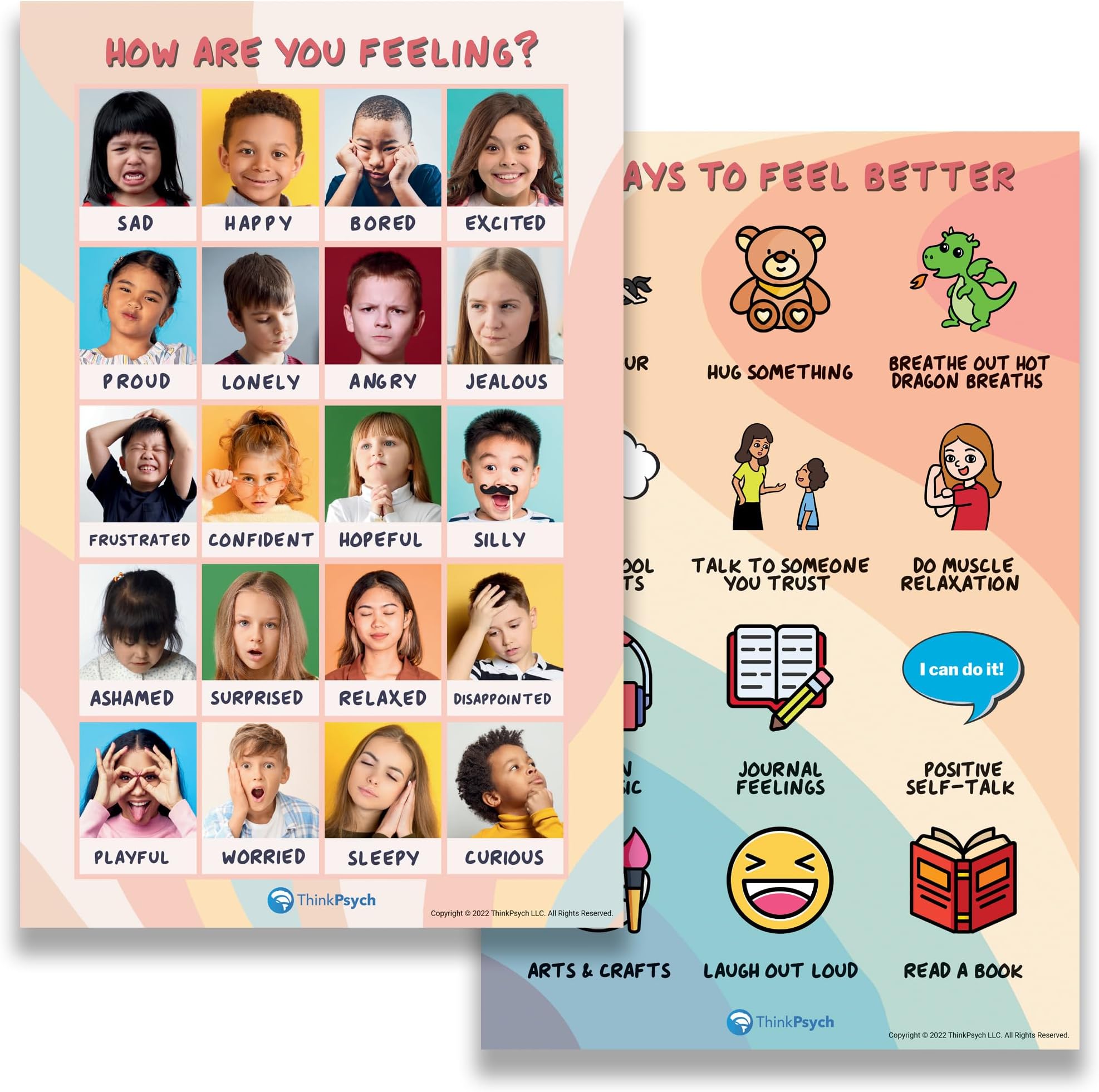 ThinkPsych 2 Laminated Feelings Posters for Kids - English & Spanish - Calm Down Corner Supplies - Therapy & School Counselor Supplies - Emotions Posters for Home and Calming Corner Classroom