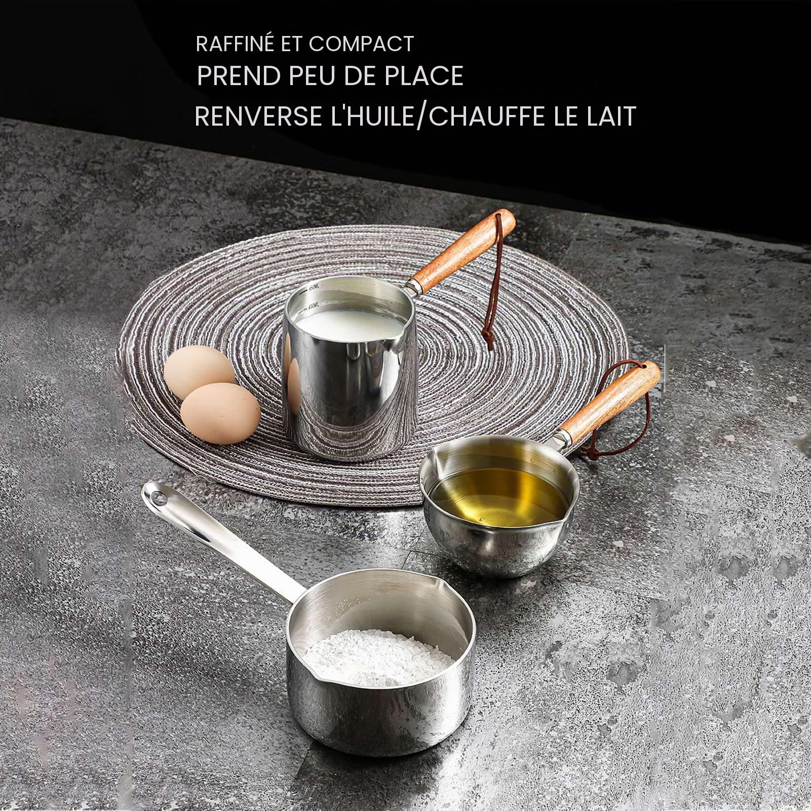 Casserole à Lait avec Bec Verseur, Chauffe-Beurre en Acier Inoxydable 450 ml, Mini Pot à Lait pour Café au Beurre, Compatible Induction, Gaz, Électrique, Poignée en Bois