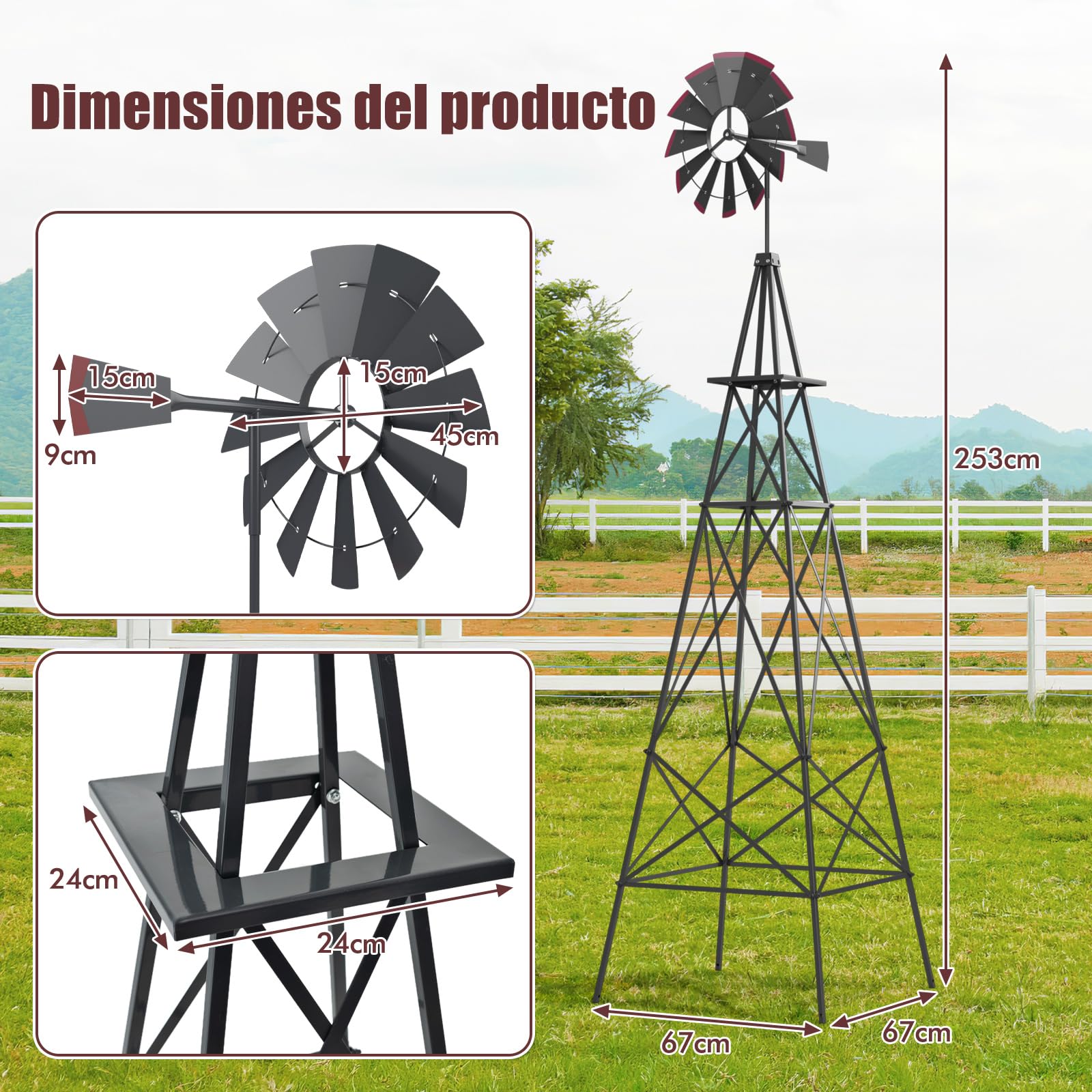 COSTWAY Molino de Viento Jardin de 253cm, Rueda de Viento con Rodamiento de Bolas, Molinillo de Viento de Metal Patio, Jardín, Granja, 4 Estacas Incluidas (Gris)