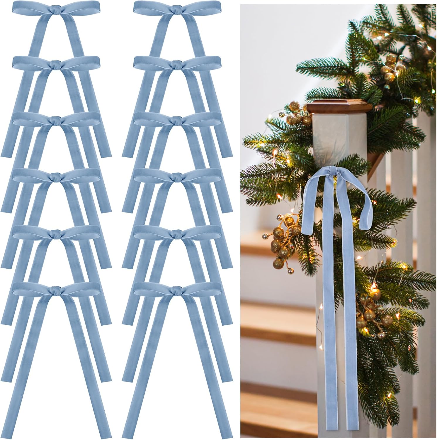 24 Pcs Velvet Bows Christmas Tree Ornaments Vintage Velvet Ribbon Bows for Tree Garland Wreath Indoor Xmas Decorations(9 x 13 Inch, Width of 5/8",Dusty Blue) Dusty Blue 9 x 13 Inch, Width of 5/8"