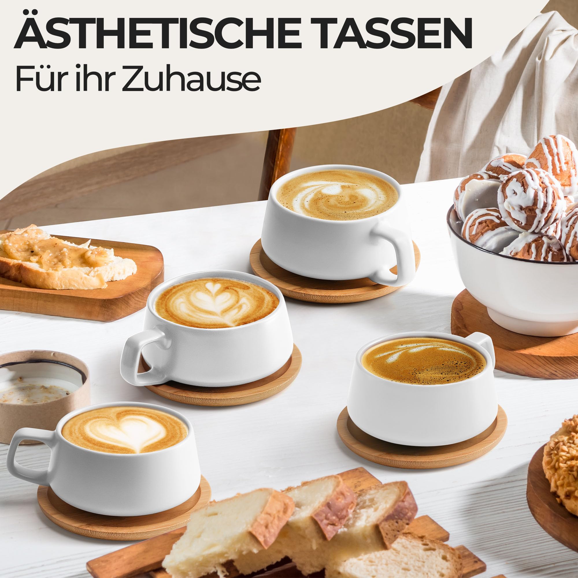 MIAMIO - 4 x 320 ml Kaffeetassen/Cappuccino Tassen mit Unterteller/elegant/modern/Kaffeebecher aus Steingut - Luxe Kollektion 4er Set (Cremeweiß)