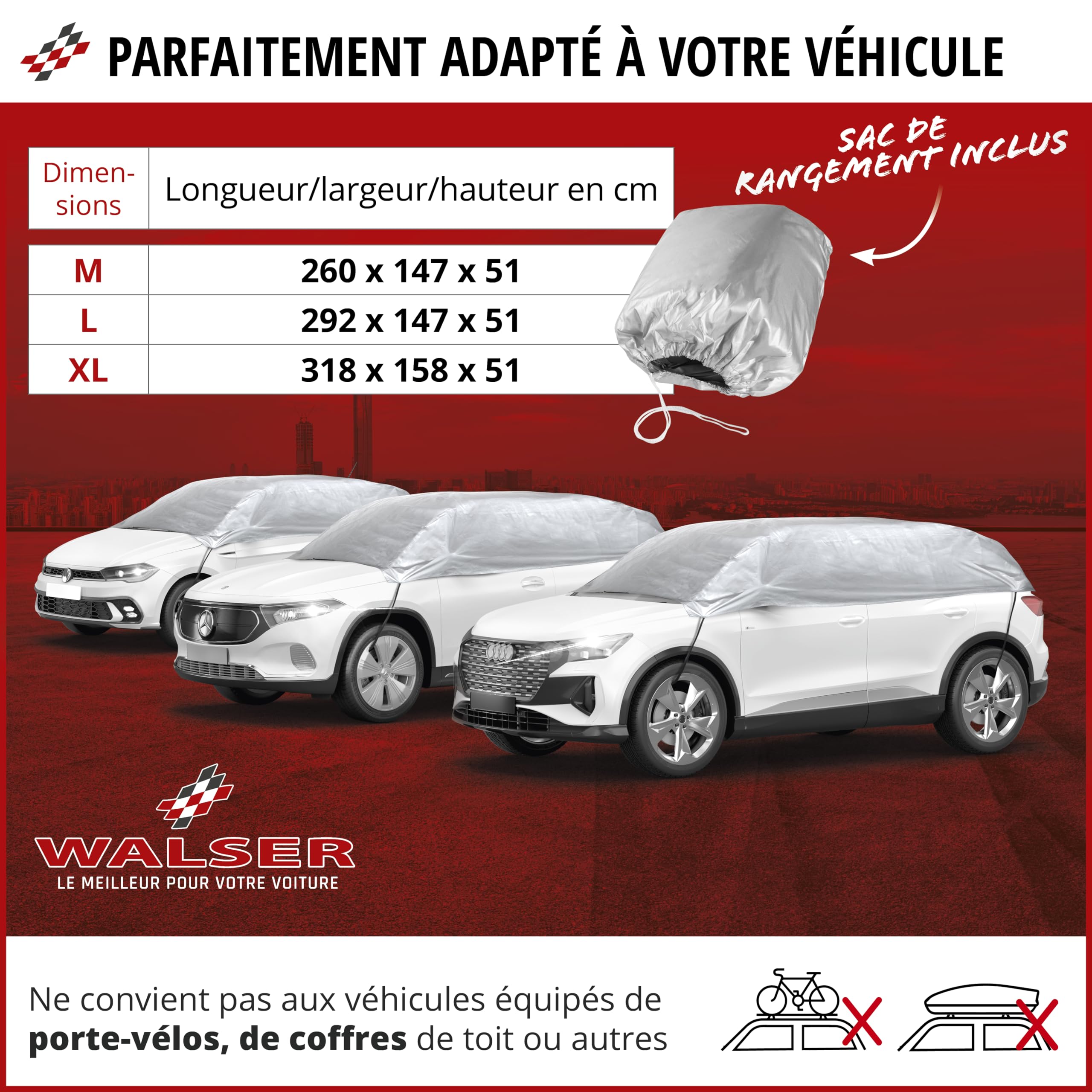 WALSER Bâche de Protection pour Voiture All Weather, 100% bâche Voiture imperméable, Housse Voiture imperméable, Bâche de Voiture Demi-bâche Taille 2 Argent