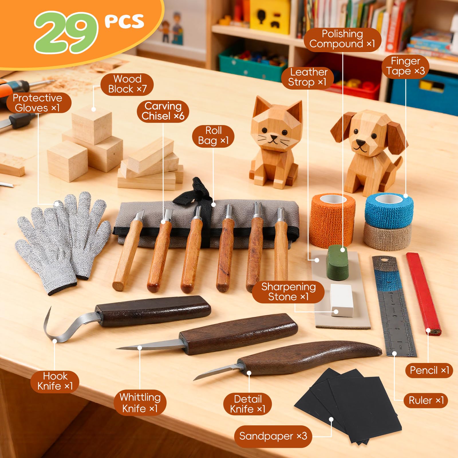 Housolution Kit de Tallado en Madera con Bolsa de Transporte，29PCS Incluye Cuchillos, Cinceles, Bloques de Tilo y Guantes, Herramientas de Carpintería para Principiantes y Aficionados al Bricolaje