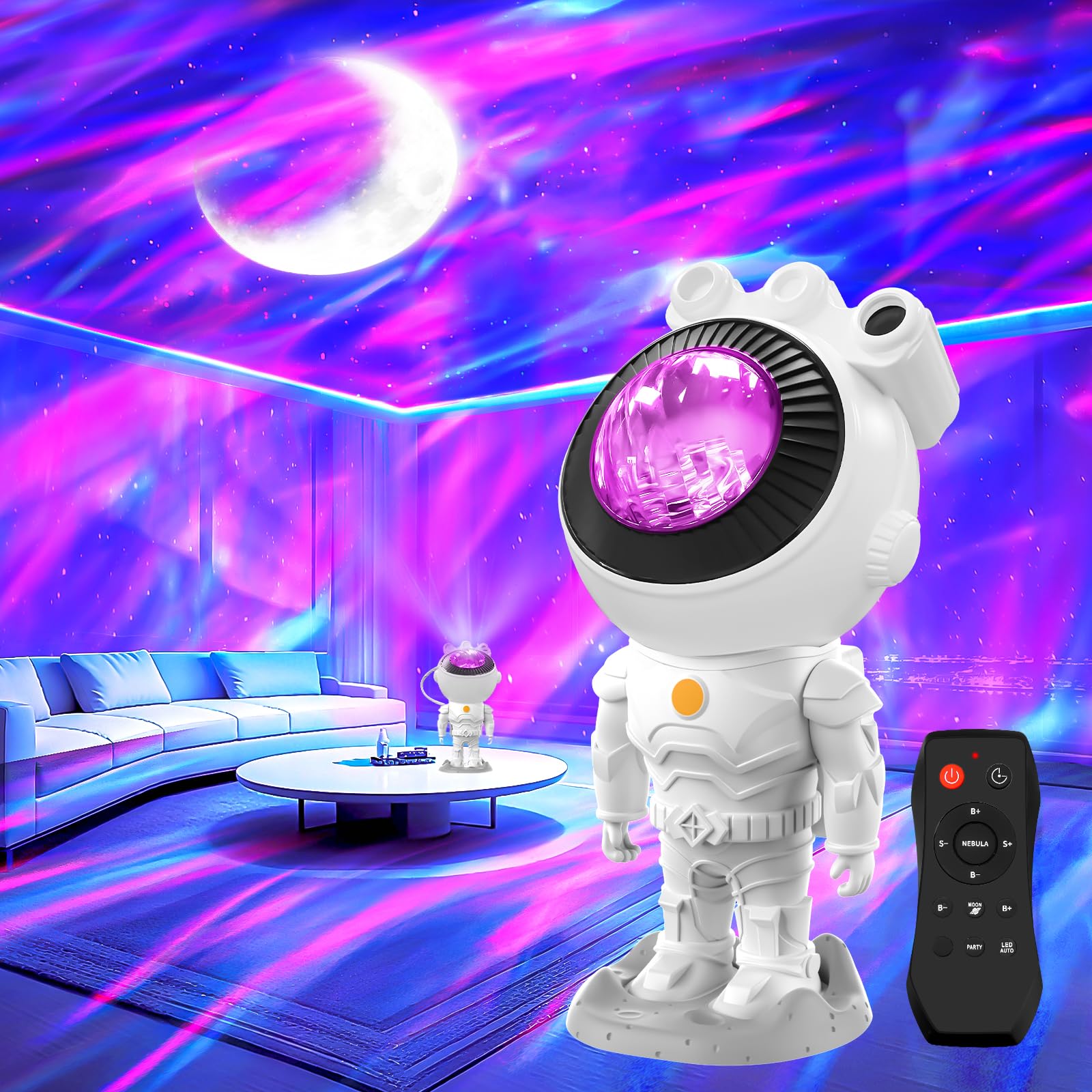 MYSTILUCK Astronaut Sternenhimmel Projektor mit Mond - 17 Aurora-Lichtmodi, Nordlicht Lampe Party-Modus, Timer Fernbedienung, Zimmer Deko, für Weihnachten & Geburtstage Mädchen Jungen