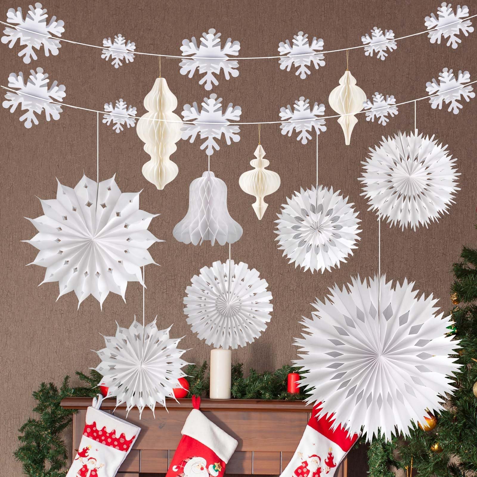 Ensemble de décorations de Noël blanches à suspendre en papier 3D en nid d'abeille, lanternes décoratives en nid d'abeille avec lumières, guirlandes d'éventails en papier pour sapin de Noël