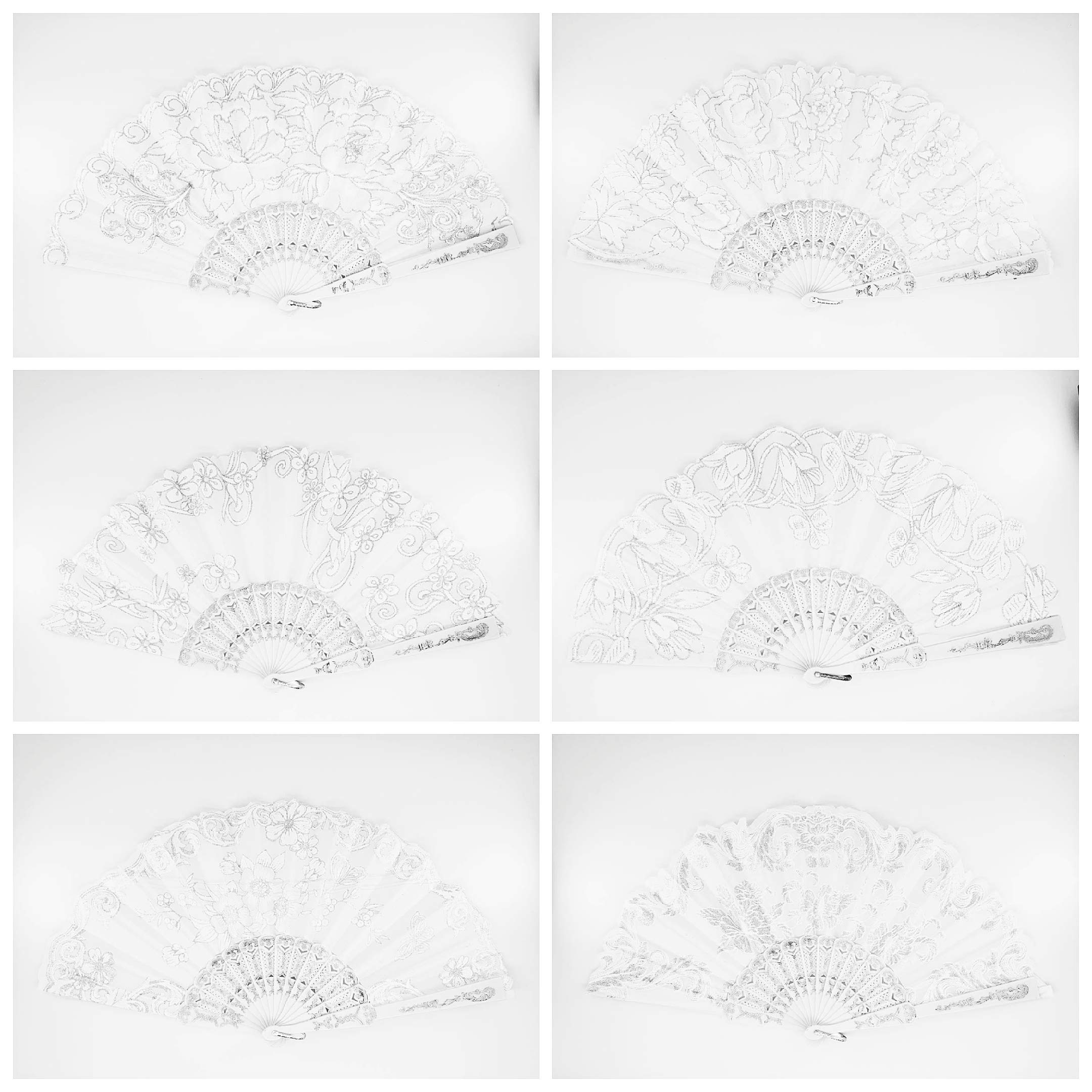 12 Pc/Assorted Spanish Style White and Silver Glitter Floral Pattern For Summer Folding Fan for Wedding Party Decor /Dancing Hand Fan/table Setting /Wall Decoration/ Out Door Wedding/ Wedding Gift