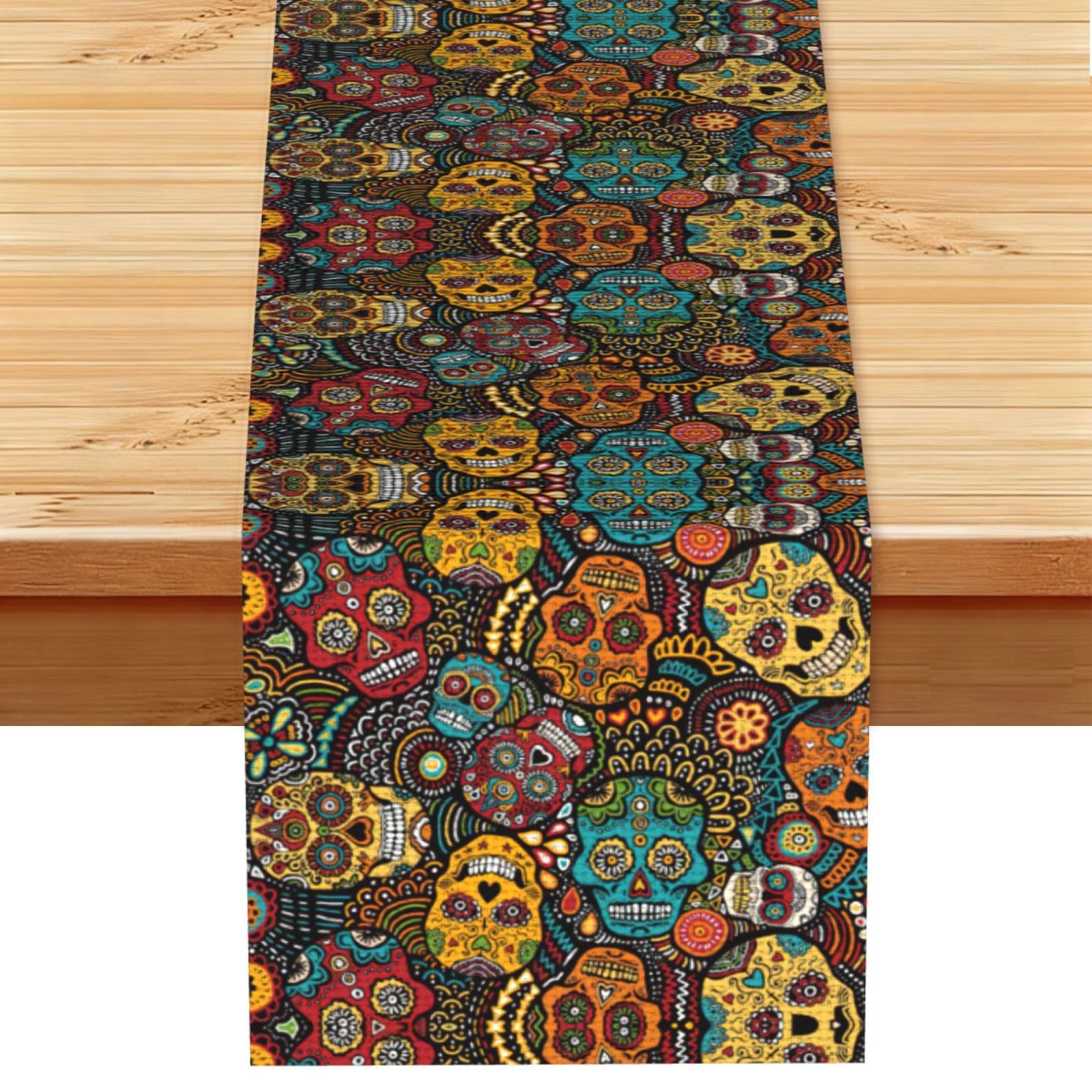Sugar and Skulls Style Printed Dining Table Runner 13x72 Inch, Non-Fading Decor for Kitchen Dresser Fireplace Mantel