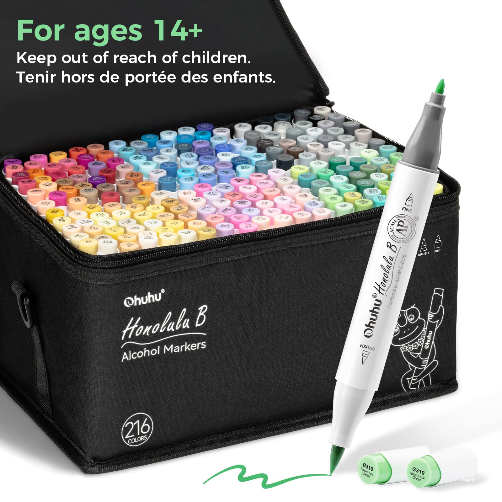 Ohuhu Dual-Tipped Alcohol-Based Brush Marker Set - 216 Colors