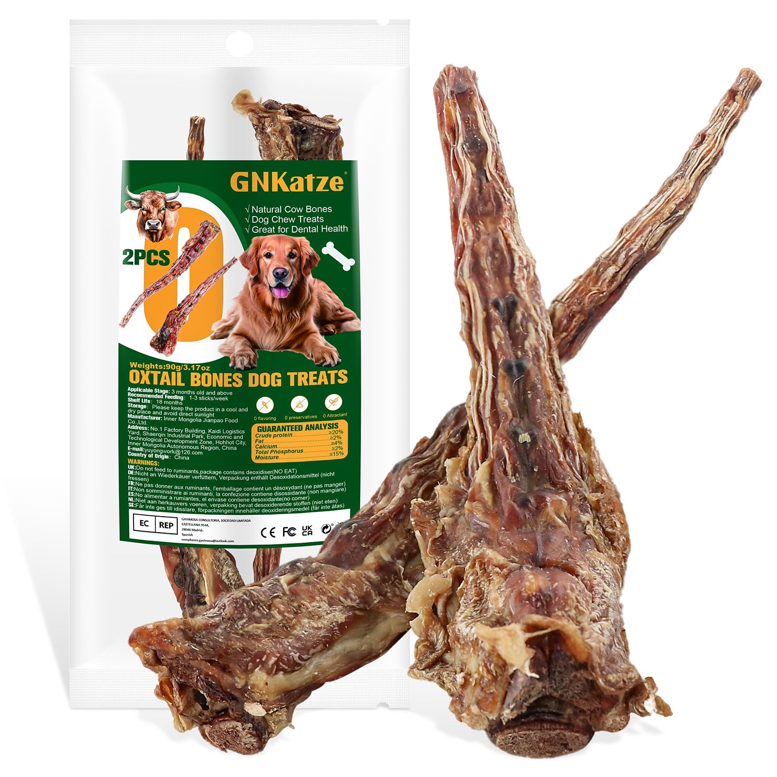 2 PCS Natural Ox Tail Bone for Dogs, Long Lasting Dental Treat
