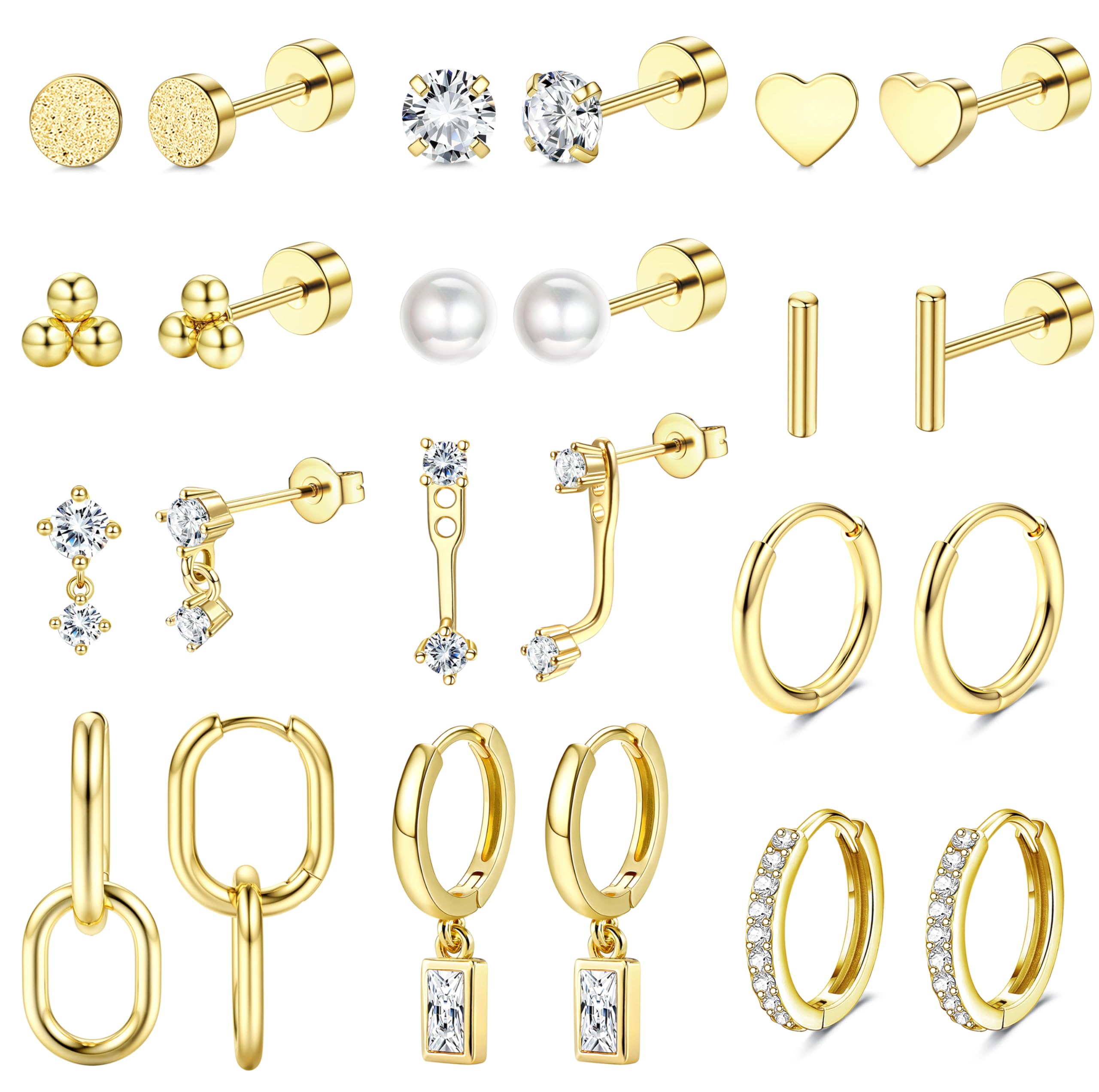 BESTEEL 12Pairs Hypoallergenic Flat Back Earrings for Women - 14K Gold Plated Stainless Surgical Steel Earring Stacks Set Small Dangle Stud Hoop