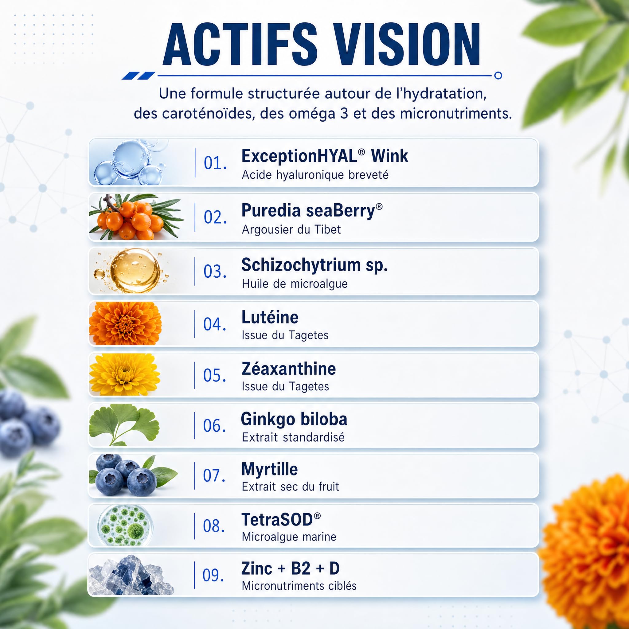 ExceptionHyal® Acide hyaluronique + Puredia seaBerry® Argousier | Lutéine, Zéaxanthine, Myrtille, Ginkgo, Vitamines B2 & D, Zinc | Vision & Protection | 40 gélules | Essence Pure