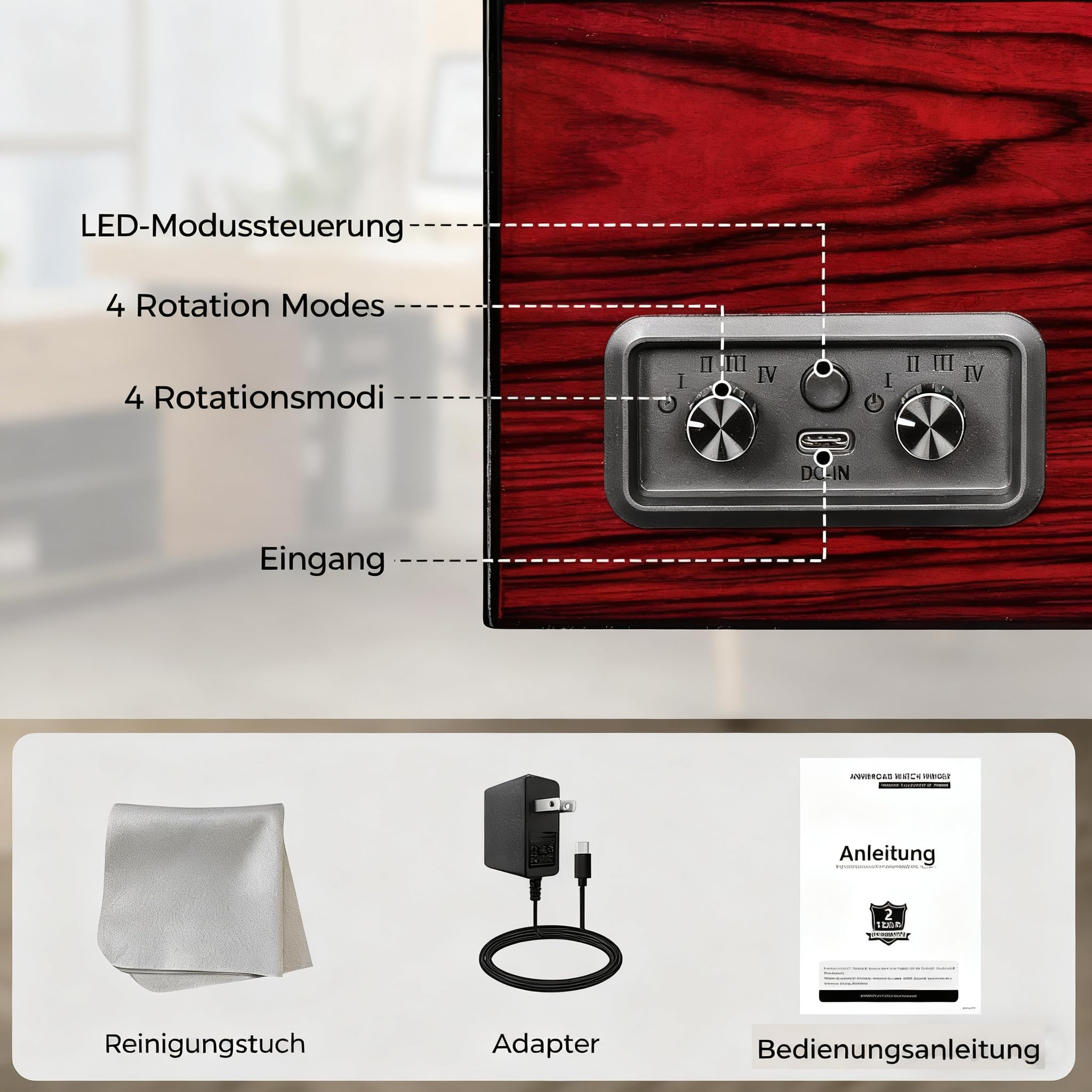 ANWBROAD Automatik Uhrenbeweger, Automatikuhren-Winderbox mit LED-Beleuchtung, Uhrendreher für Automatikuhren, 4-fach-Uhrenrotator mit superleisem Motor und 4 Rotationsmodi, JWW011Y