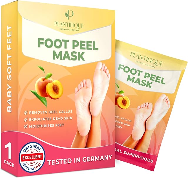 Foot Peel Mask with Peach by Plantifique - 1 Pack Foot Mask Dermatologically Tested - Repair Heels & Removes Dry Dead Skin for Soft Baby Feet - Exfoliating Foot Peel Mask for Hard Skin - Peeling