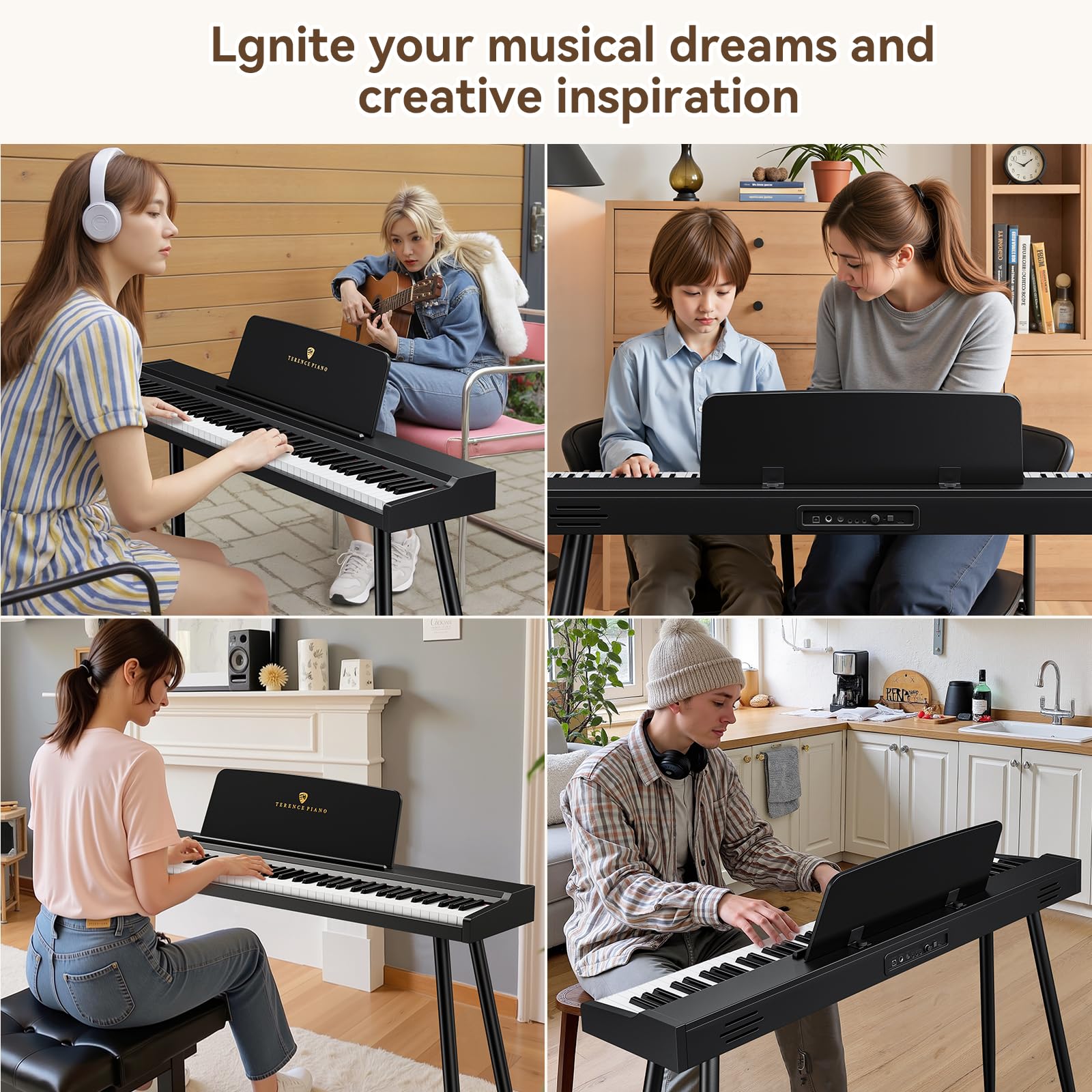 TERENCE Pianoforte digitale a 88 tasti, tastiera full-size, pianoforte digitale semi-pesato, 128 suoni per principianti e professionisti, connessione MIDI, connessione cuffie e tre pedali