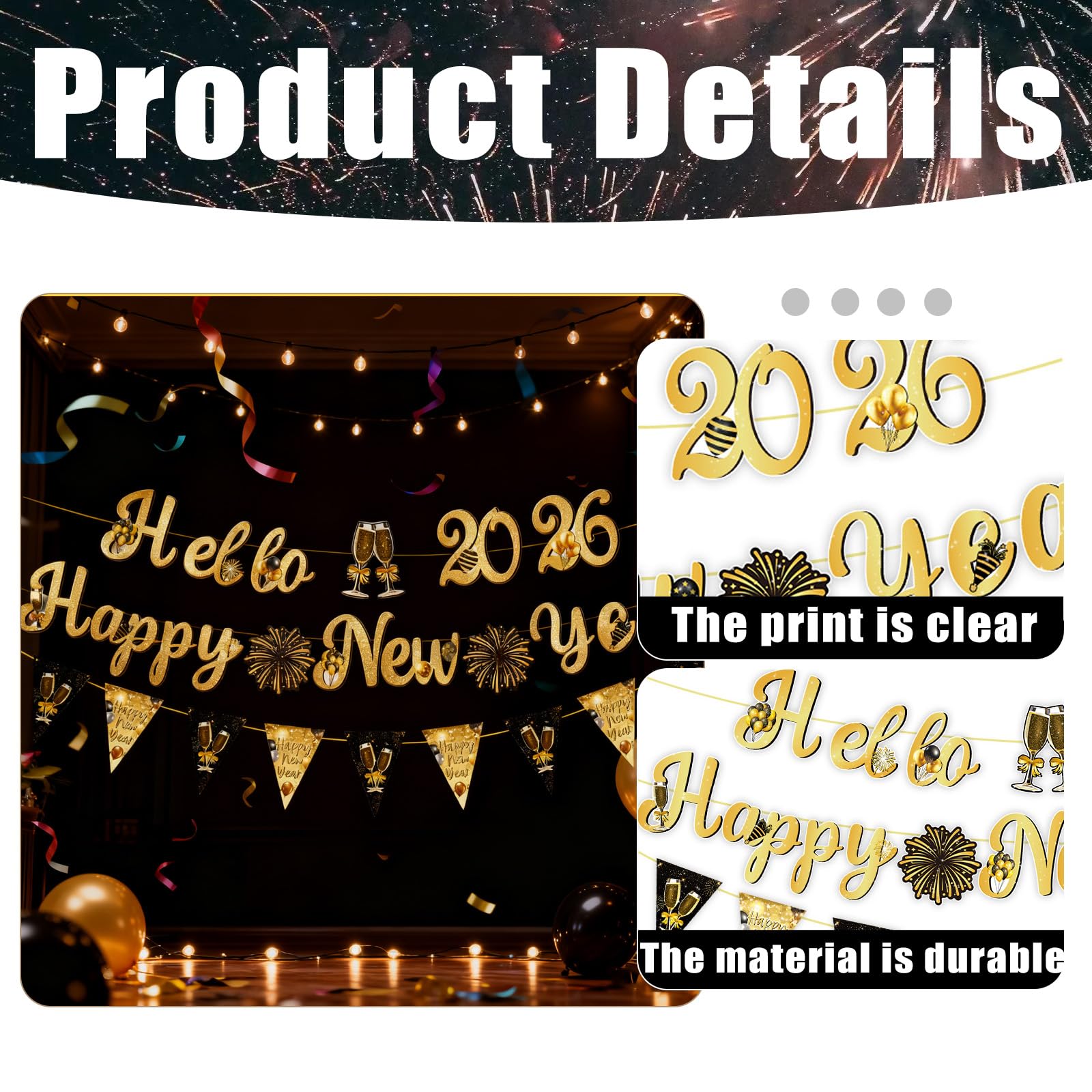 3 Pcs Happy New Year Party Decorations Happy New Year Pom Triangle Flag Banner Swirls Garland Hanging Bunting Black Banner With Gold Black Christmas Themed Supplies Decorations