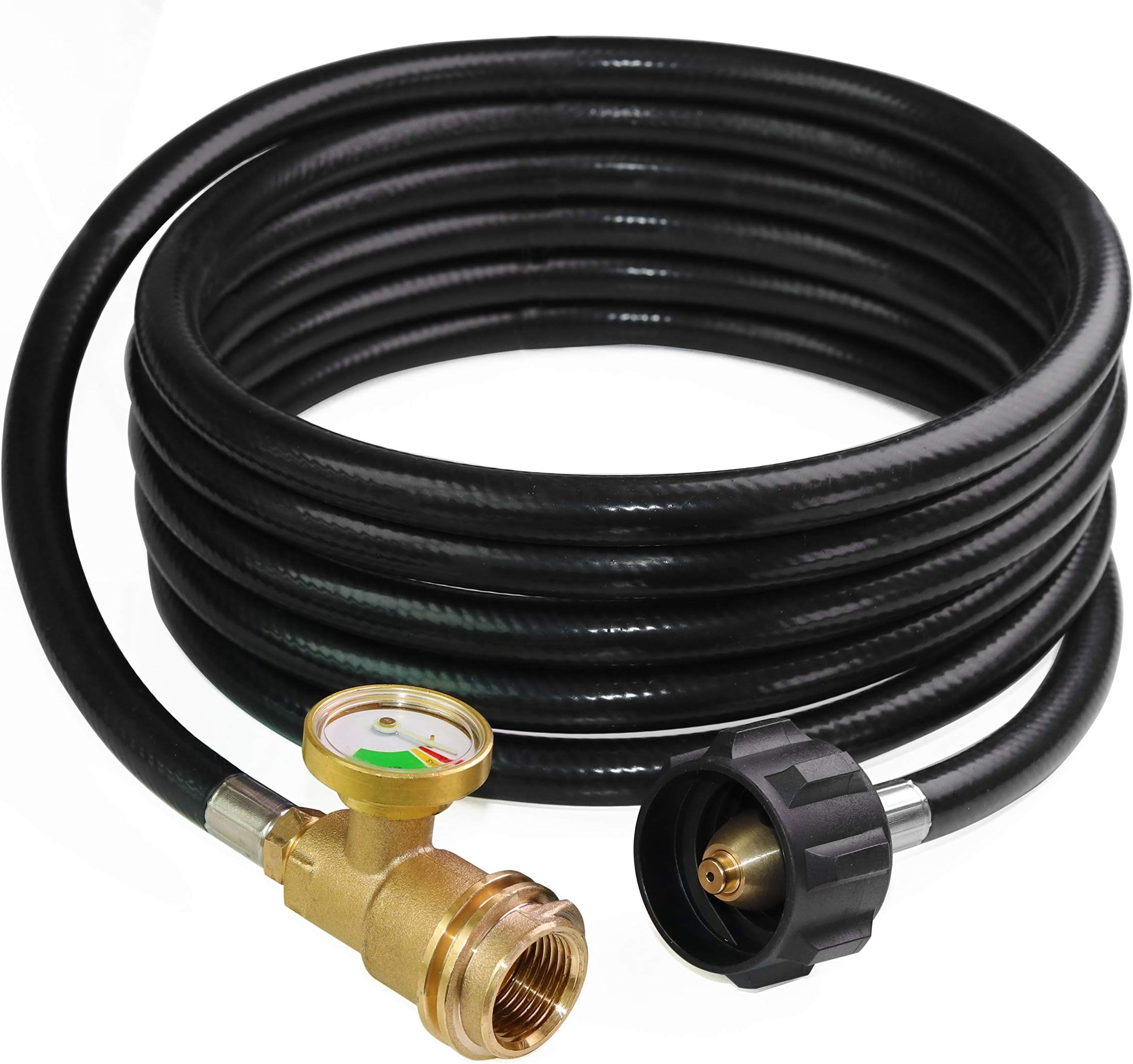 DOZYANT 12 Feet Propane Tank Hose Extension with Gauge Replacement for Gas Grill, Heater and All Other Propane Appliances, Acme to Male QCC/POL Fittings