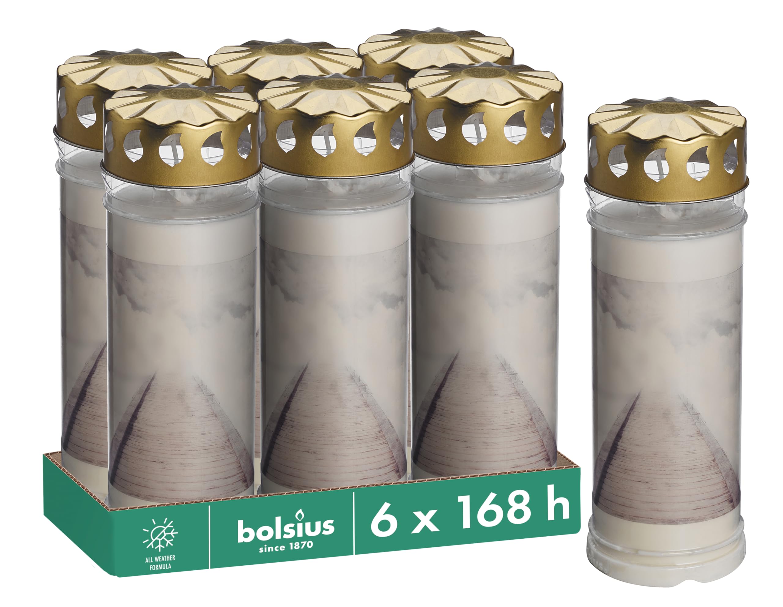 Bolsius Grave Light - White - Pack of 6 - Length Burning Time 168 Hours - Mourning Candle & Memorial Candles - with Motif - Clouds - Unscented - Without Palm Oil - No. 7