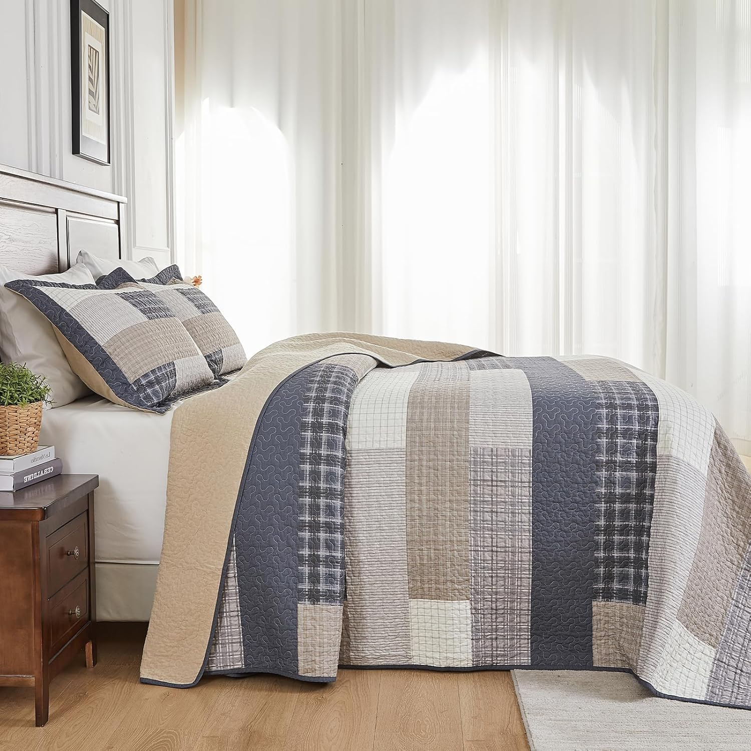 SahSahCasa 128"x120" 100% Cotton Oversized California King Bedspread Coverlet Quilt Set, Plaid Cal King Quilted Bedspread Extra Large Quilt, XL Bed Spread Lightweight Comforter, Dark Slate Gray