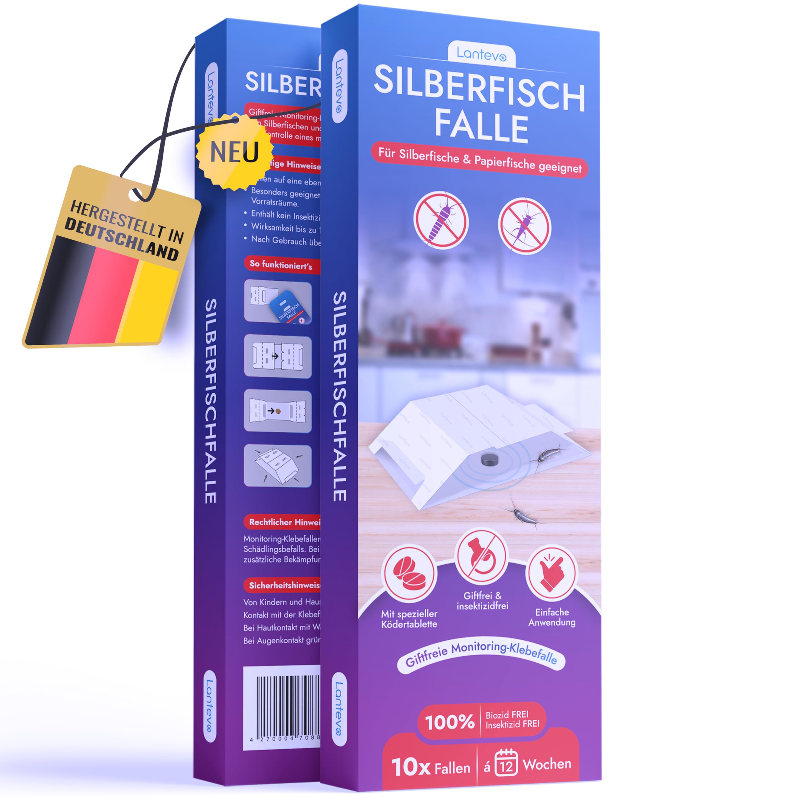Lantevo Silverfish Trap Pack of 10 - Monitoring Adhesive Traps for Infestation Control of Silverfish & Paper Fish - Toxin-Free Trap for All Living Spaces