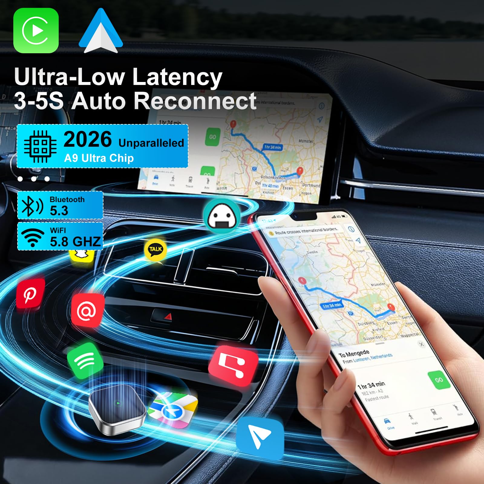 WingFly Wireless CarPlay Adapter mit GPS und Navigationsunterstützung, Kabelloses CarPlay für Fahrzeuge ab 2016, 5GHz WiFi, Bluetooth 5.0 Auto-Connect, Niedrige Latenz, OTA-Updates