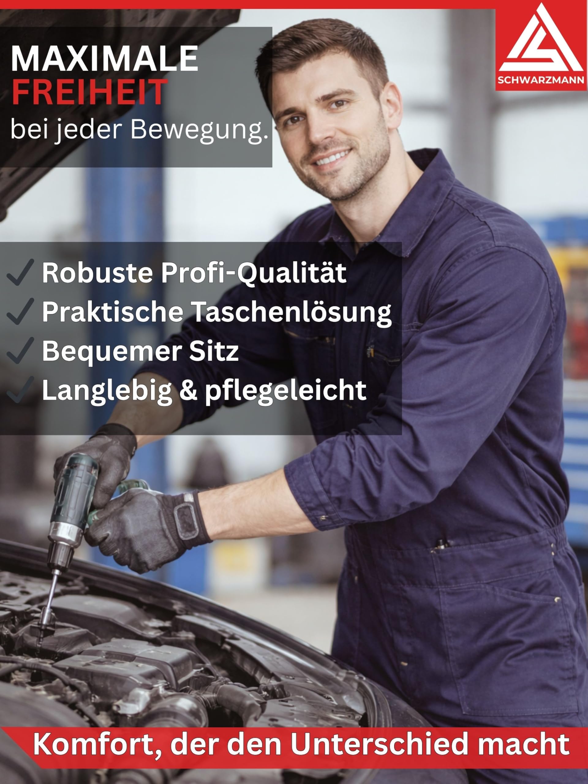 SCHWARZMANN Arbeitsoverall Herren 100% Baumwolle strapazierfähig atmungsaktiv Schutzanzug mit Reißverschluss Taschen Gummizug ideal für Werkstatt Handwerk Bau Garten Freizeit Arbeitskleidung Männer