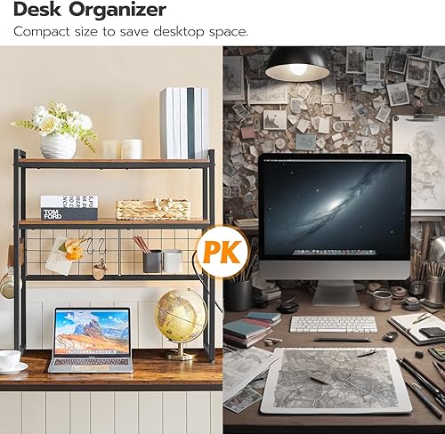 Miniatura 8 de HOOBRO Estantería de escritorio, organizador de escritorio de 2 niveles, estante de almacenamiento de oficina de madera de 29.9 pulgadas con tomas,