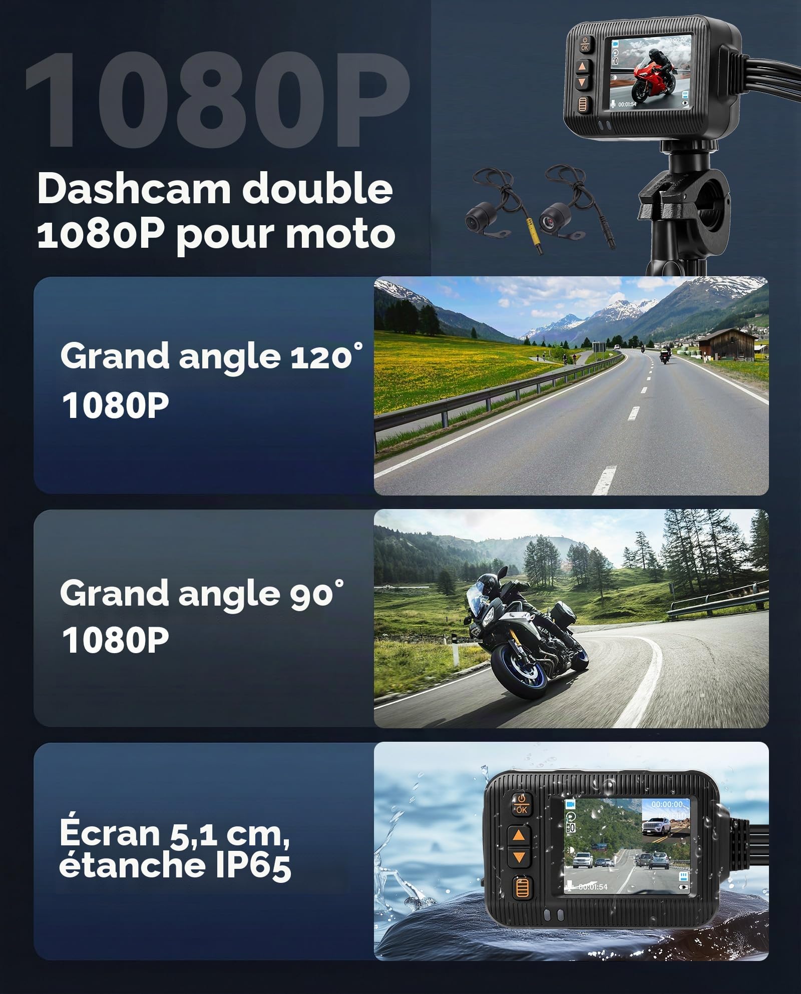 SIXWIN Dashcam Moto HD 1080P Avant/Arrière – Double Caméra IP67 Étanche, Écran 2", G-Sensor, Boucle d'Enregistrement, Grand Angle – Idéal pour Moto, Sport, UTV & ATV