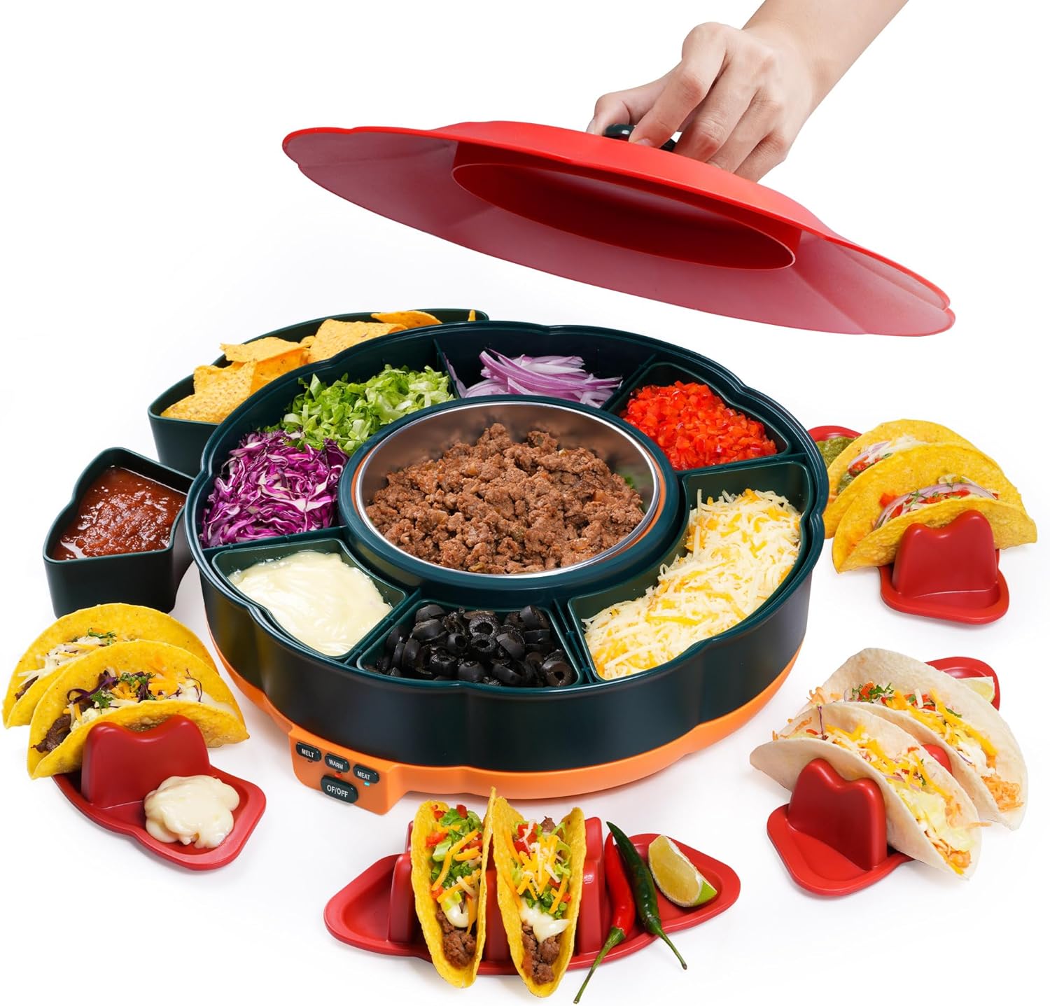 Taco Tuesday Kit - Taco Bar Serving Set for a Party with 33oz Heated Pot, 4 Taco Holders, Detachable Lazy Susan Tray, Perfect for Parties, Nachos Taco Night Fiesta Unique Couple & Housewarming Gift