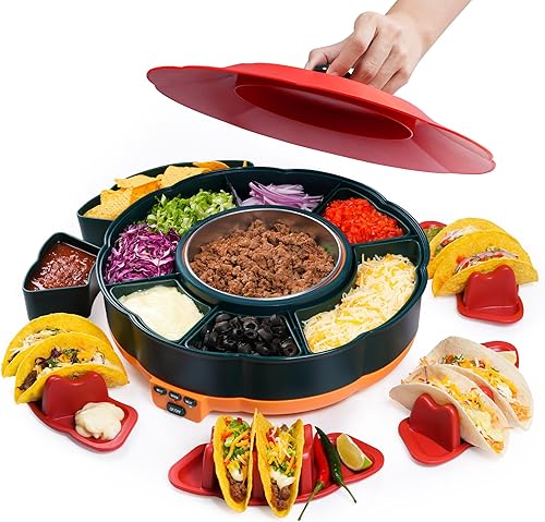 Kit de martes de tacos  Juego de servicio de barra de tacos para una fiesta con olla calentada de 33 onzas, 4 soportes para tacos, bandeja