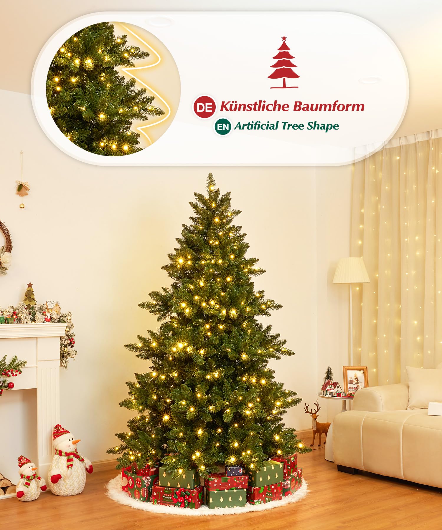 Yorbay Sapin de Noël artificiel avec éclairage LED : sapin en PVC artificiel avec support en bois pour décoration de Noël, idéal pour une ambiance festive (150 cm)
